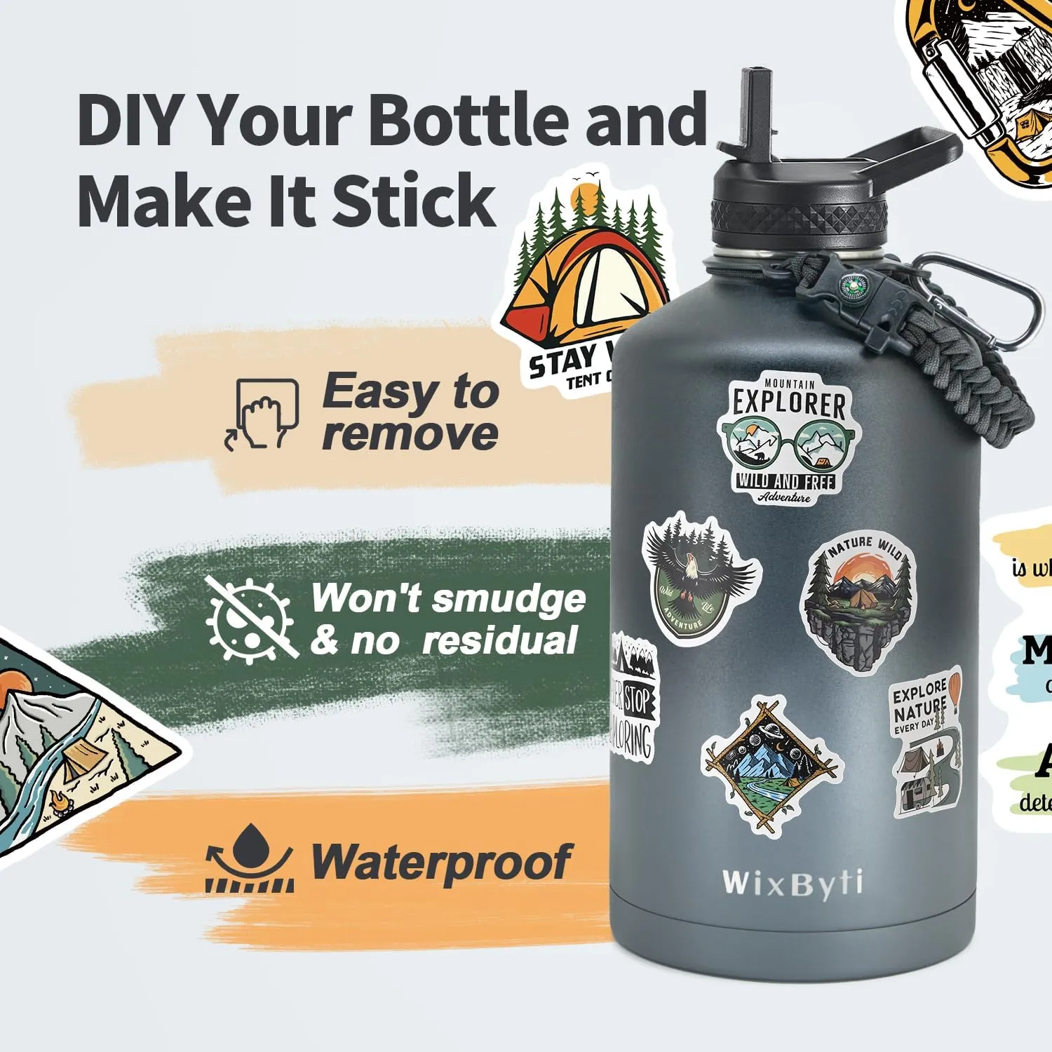 One Gallon Water Bottle Insulated with DIY Stickers, Triple Wall Vacuum Cold for 48 Hrs Leak-proof Non-BPA, 128oz Large Sports Stainless Steel Water Jug with Paracord Handle Straw Spout Lids