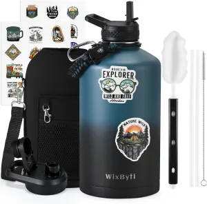One Gallon Water Bottle Insulated with DIY Stickers, Triple Wall Vacuum Cold for 48 Hrs Leak-proof Non-BPA, 128oz Large Sports Stainless Steel Water Jug with Paracord Handle Straw Spout Lids