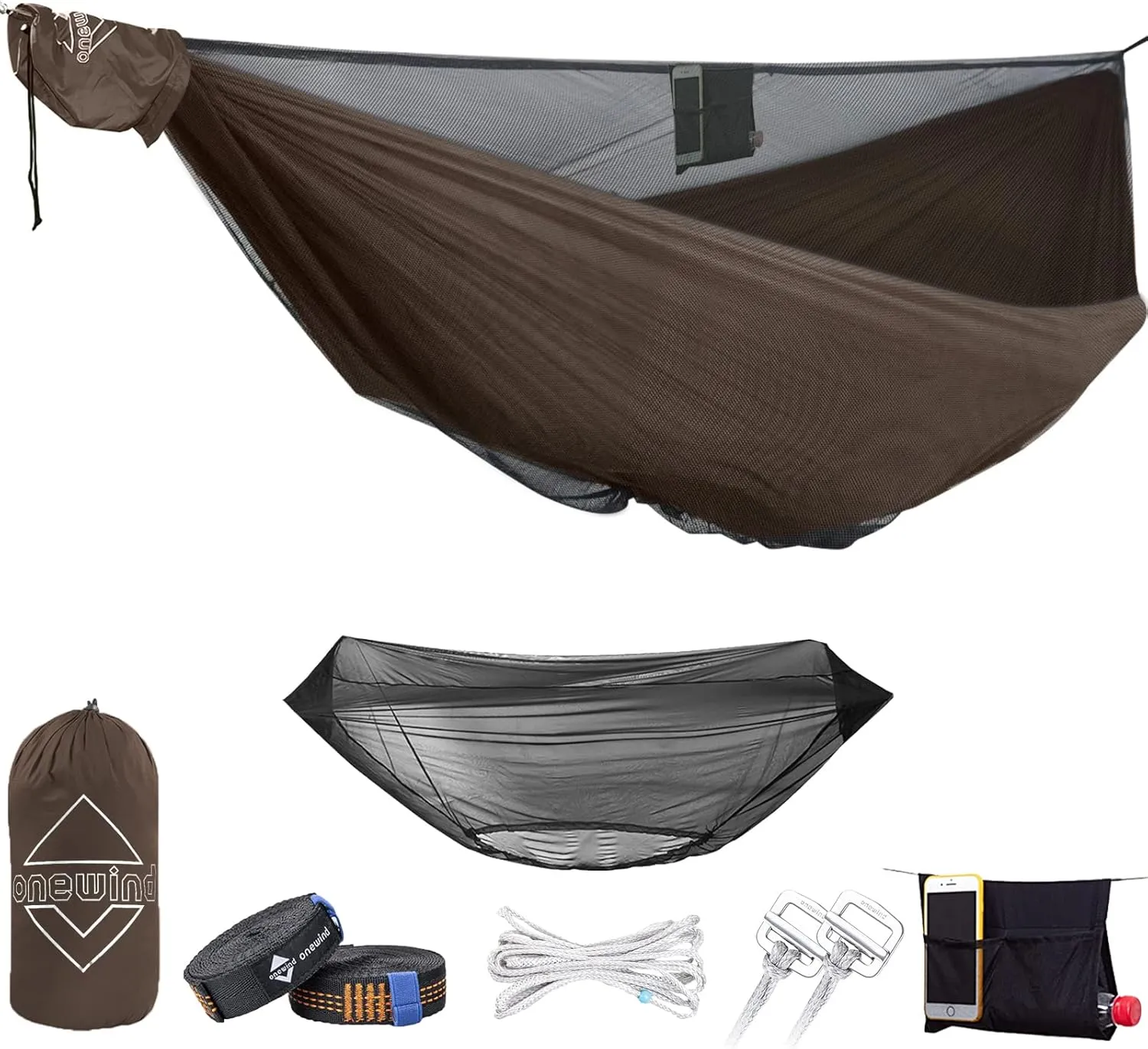 OneWind 11ft Portable Camping Hammock with Mosquito Net, Adjustable Ridgeline Double Hammock with 2*12Ft Tree Straps, Coyote Brown