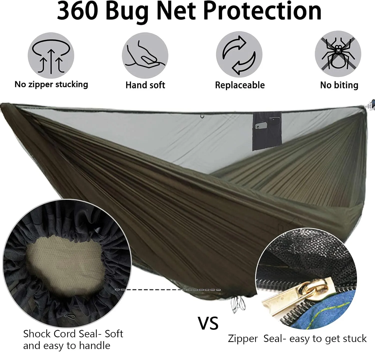 OneWind 11ft Portable Camping Hammock with Mosquito Net, Adjustable Ridgeline Double Hammock with 2*12Ft Tree Straps, Coyote Brown