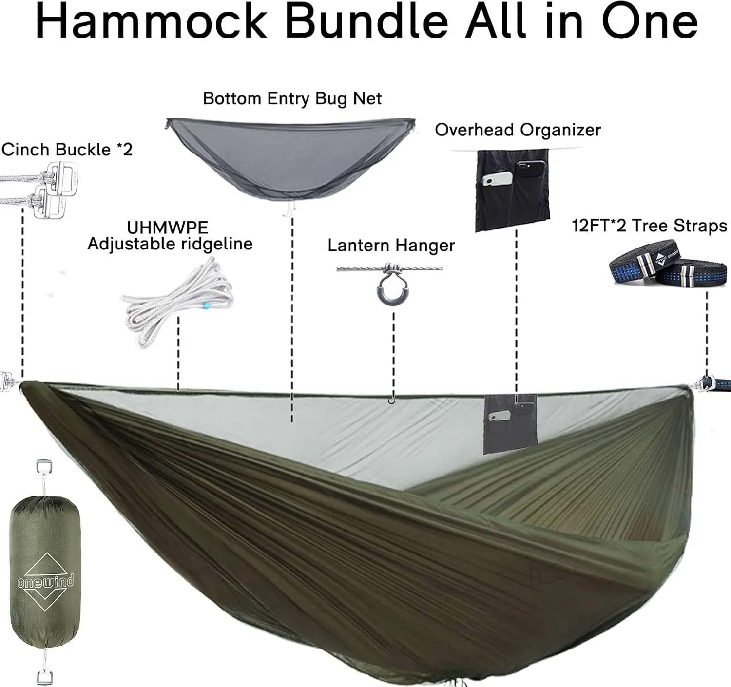 OneWind 11ft Portable Camping Hammock with Mosquito Net, Adjustable Ridgeline Double Hammock with 2*12Ft Tree Straps, Coyote Brown