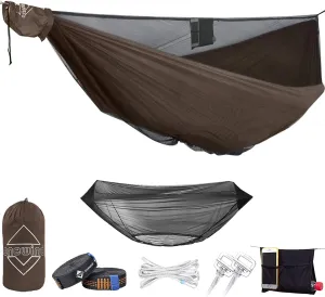 OneWind 11ft Portable Camping Hammock with Mosquito Net, Adjustable Ridgeline Double Hammock with 2*12Ft Tree Straps, Coyote Brown