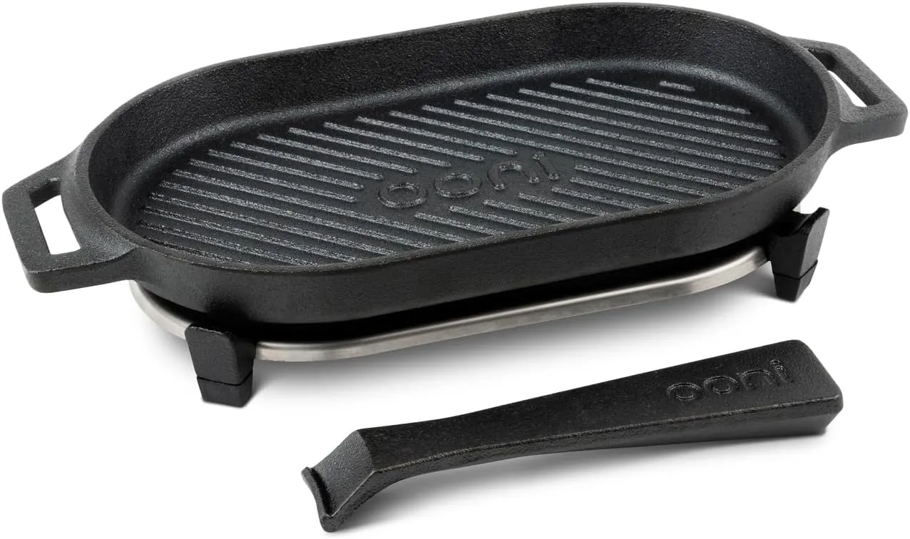 ooni Cast Iron Grizzler Pan - Grill Frying Pan, 12" x 6" Griddle Plate with Removable Handle and Stainless Steel Trivet, Pre-Seasoned Non-Stick Oven Safe Cookware, Pizza Oven and BBQ Accessories