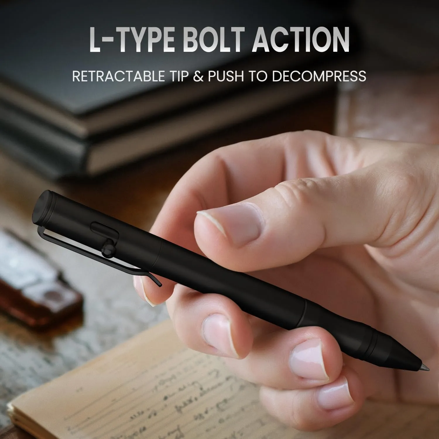 Origin-Joy 2 Pack Stainless Steel Bolt Action Pen Set, Heavy Duty EDC Pocket Gel Tactical Pen With 8 Ballpoint Refills (Black Sandblasting)