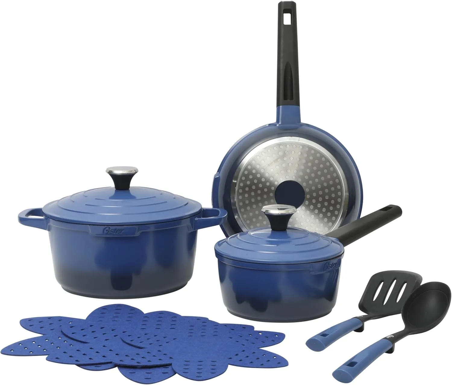 Oster Platinum Amberton 10 Piece Cast Aluminum Pots and Pans PFA Free Ceramic Non Stick Cookware Set - Blue