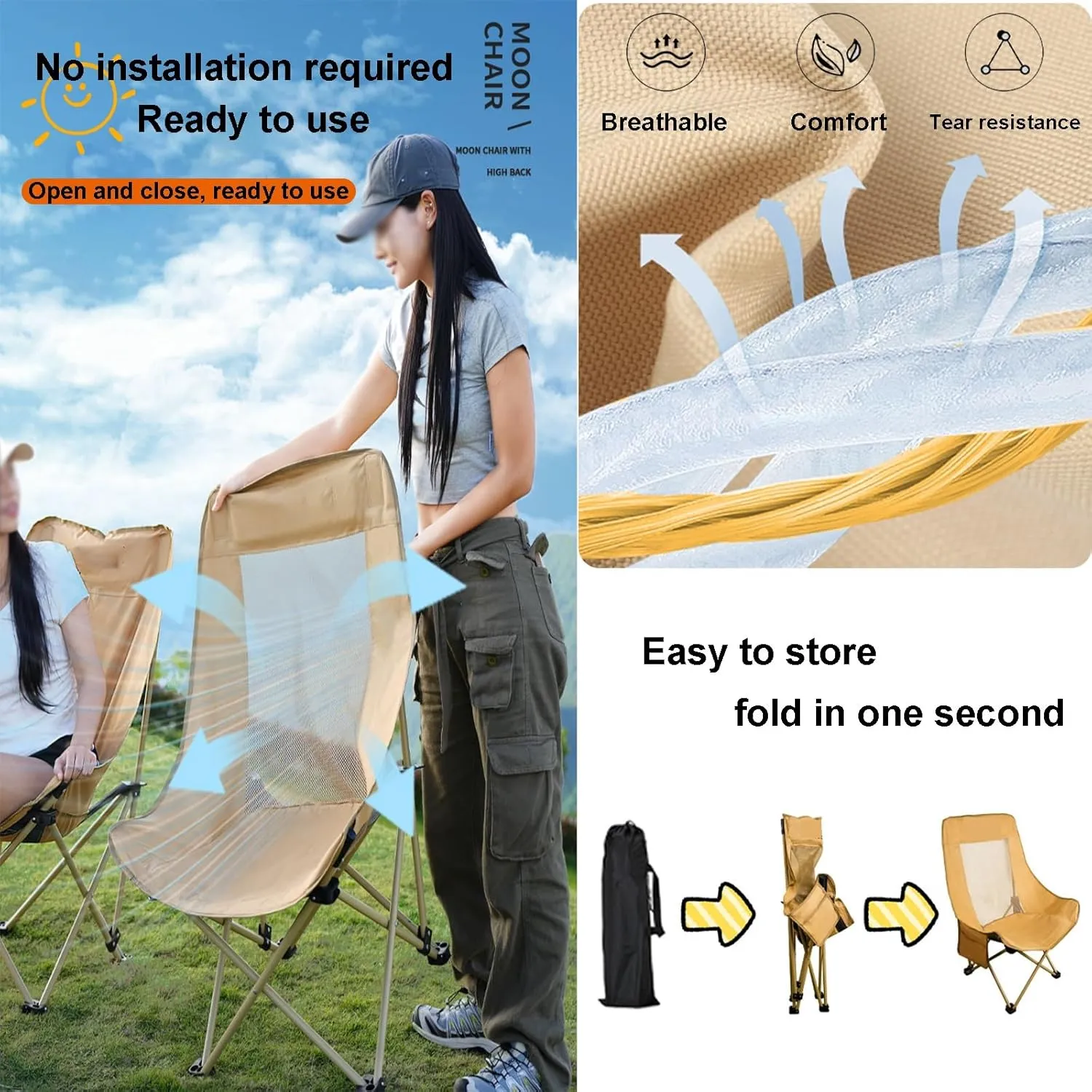 Outdoor Beach Folding Chair, Portable Breathable Mesh High-Back Camping Chair, Three-Speed Adjustable, with Storage Bag, Suitable for Camping, Picnics, Fishing(Black,Medium)