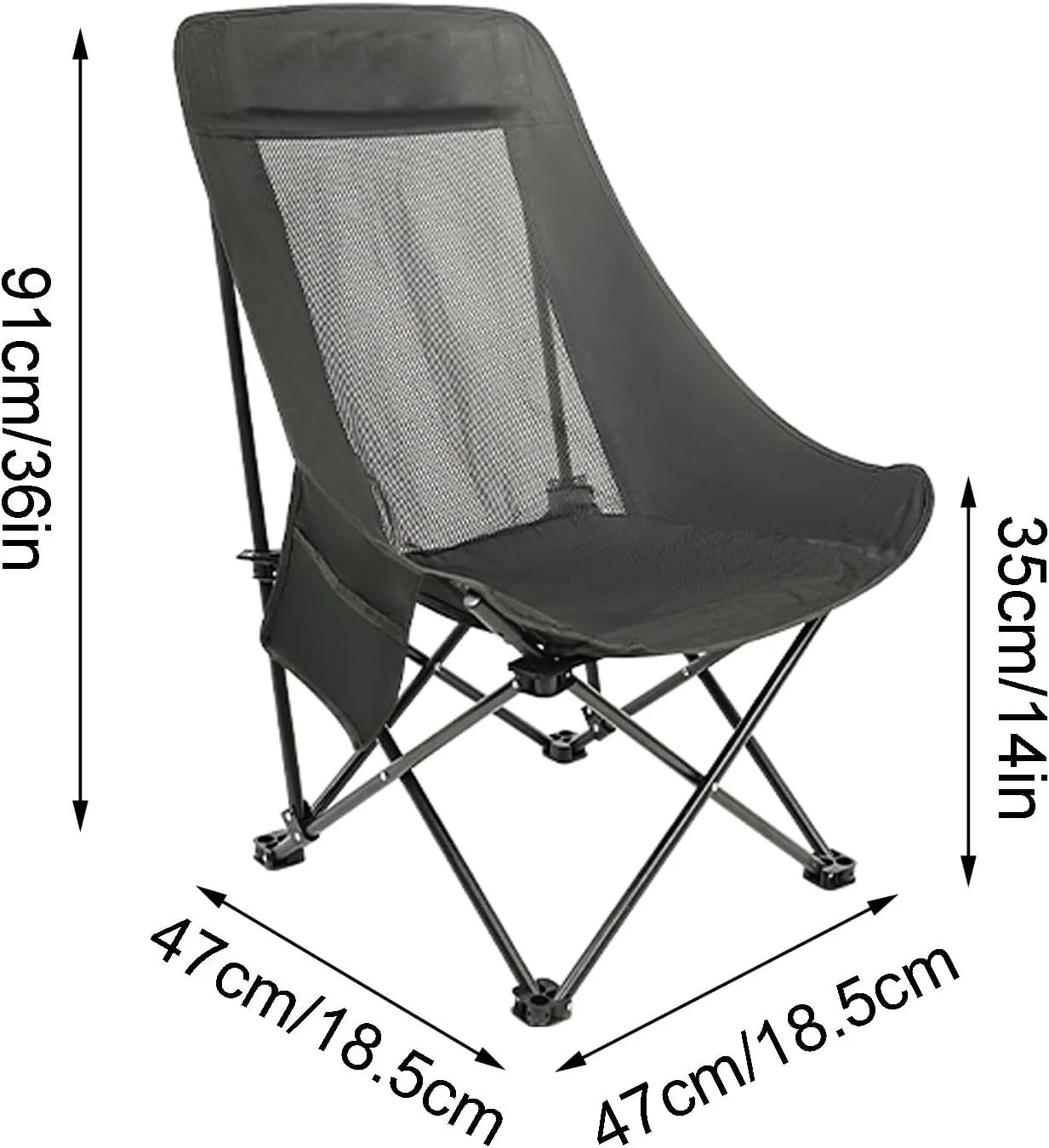 Outdoor Beach Folding Chair, Portable Breathable Mesh High-Back Camping Chair, Three-Speed Adjustable, with Storage Bag, Suitable for Camping, Picnics, Fishing(Black,Medium)