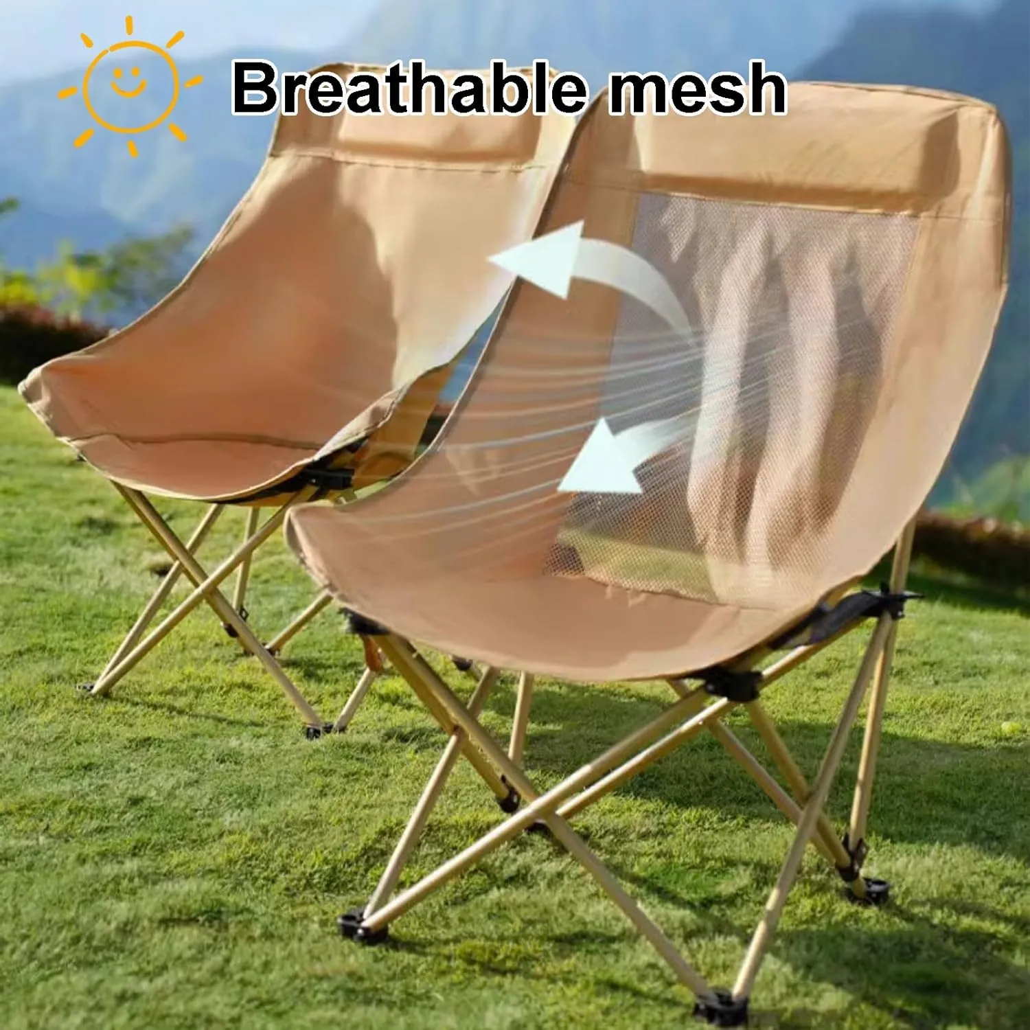 Outdoor Beach Folding Chair, Portable Breathable Mesh High-Back Camping Chair, Three-Speed Adjustable, with Storage Bag, Suitable for Camping, Picnics, Fishing(Black,Medium)