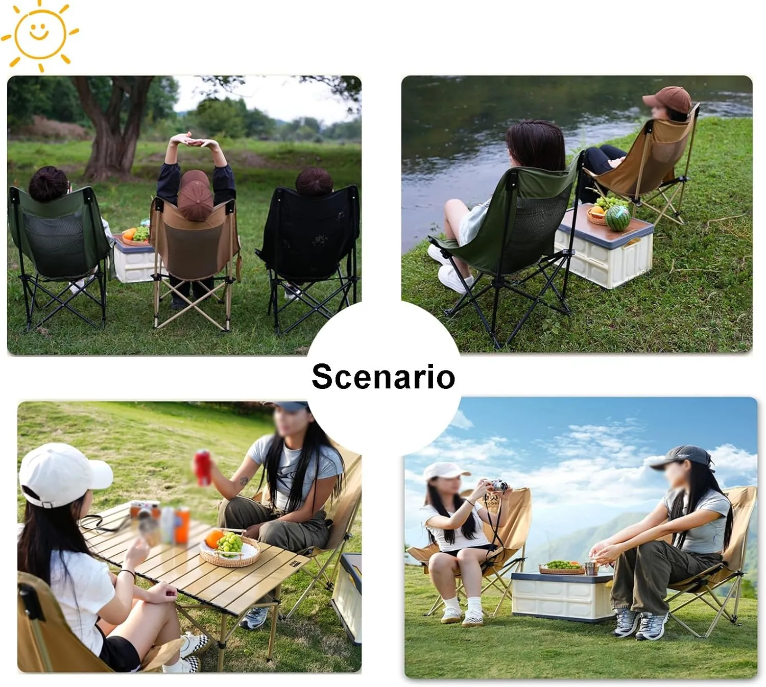 Outdoor Beach Folding Chair, Portable Breathable Mesh High-Back Camping Chair, Three-Speed Adjustable, with Storage Bag, Suitable for Camping, Picnics, Fishing(Black,Medium)