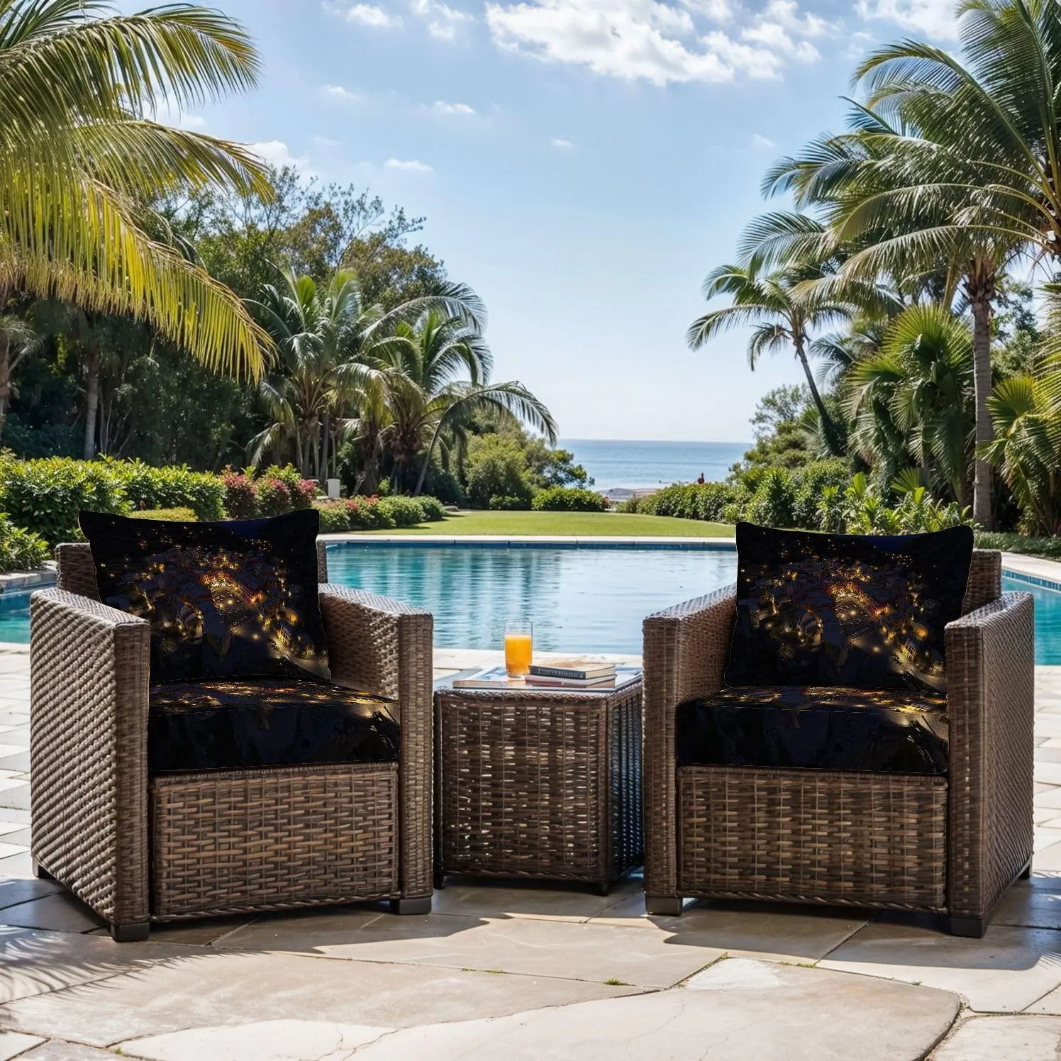 Outdoor Deep Seat Cushion Set 24 x 24 Inch, Modern Aerial Night View Manarola Fishing Village Seascape Cinque Waterproof Patio Furniture Lounge Chair Cushions for Wicker Seat Sofa Couch