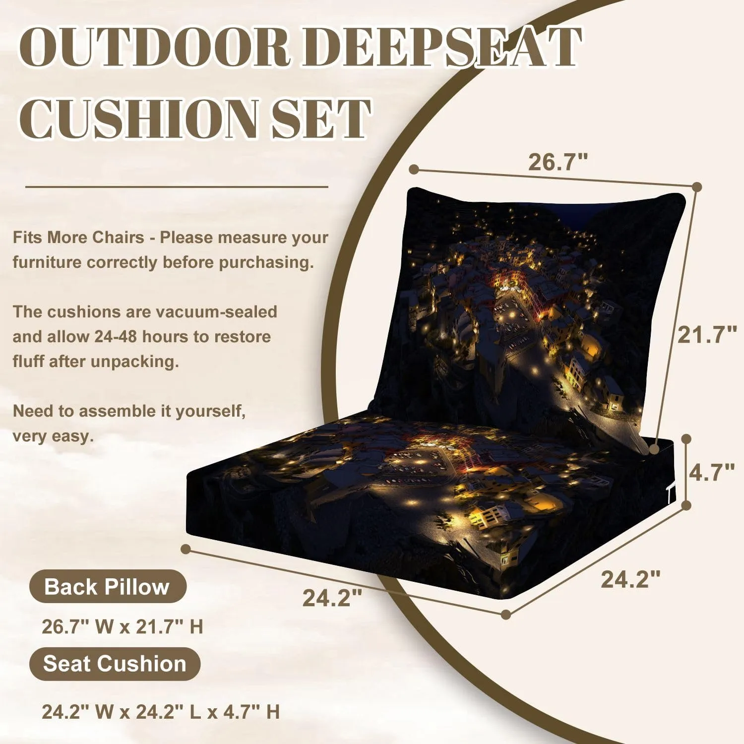 Outdoor Deep Seat Cushion Set 24 x 24 Inch, Modern Aerial Night View Manarola Fishing Village Seascape Cinque Waterproof Patio Furniture Lounge Chair Cushions for Wicker Seat Sofa Couch