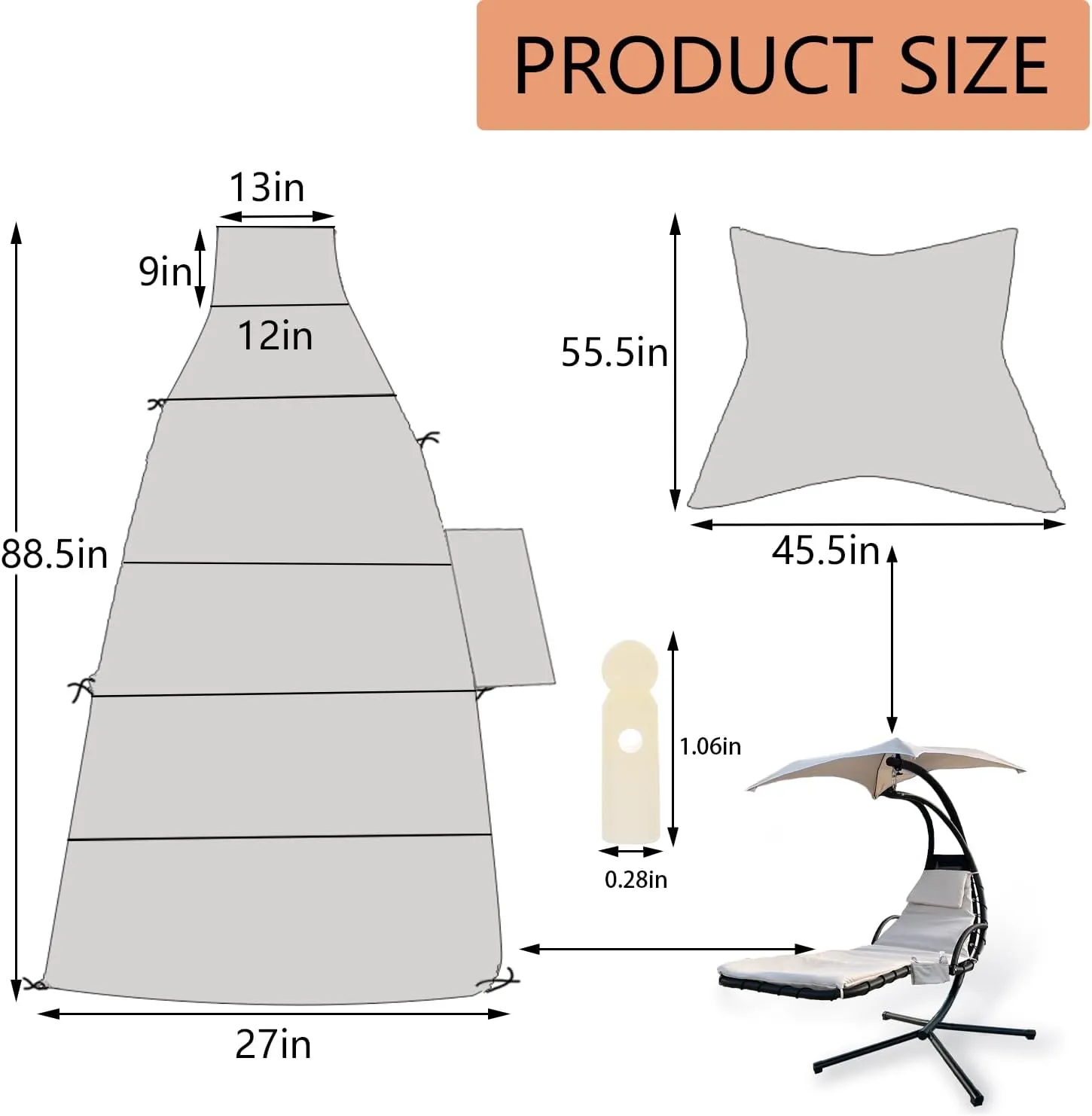 Outdoor Hanging Lounge Chair Replacement Cushion Cover and Umbrella Fabric, with 4 Tail Beads, Made for Patio Curved Chaise Hammock Floating Swing Chair Pads, Waterproof Soft Fabric (Cushion Excluded)