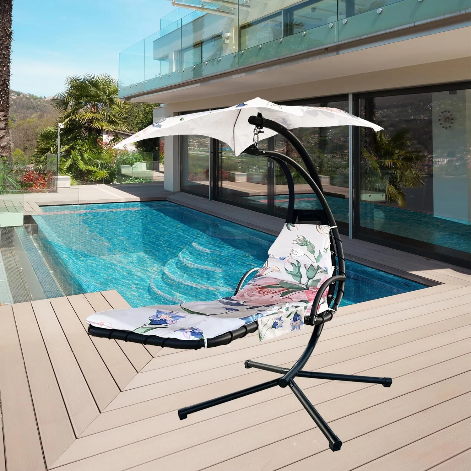 Outdoor Hanging Lounge Chair Replacement Cushion Cover and Umbrella Fabric, with 4 Tail Beads, Made for Patio Curved Chaise Hammock Floating Swing Chair Pads, Waterproof Soft Fabric (Cushion Excluded)