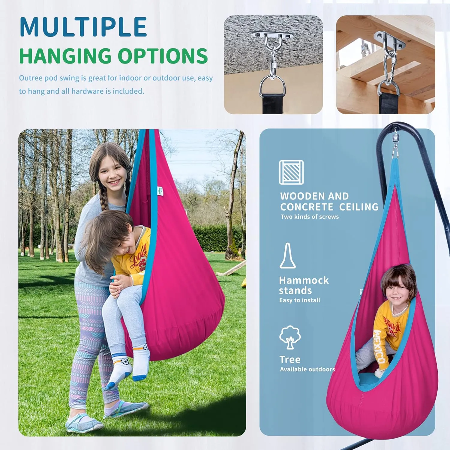 OUTREE Kids Pod Swing Seat, Cotton Child Hammock Swing Chair, Sensory Swing for Indoor and Outdoor Use, Pink and Blue