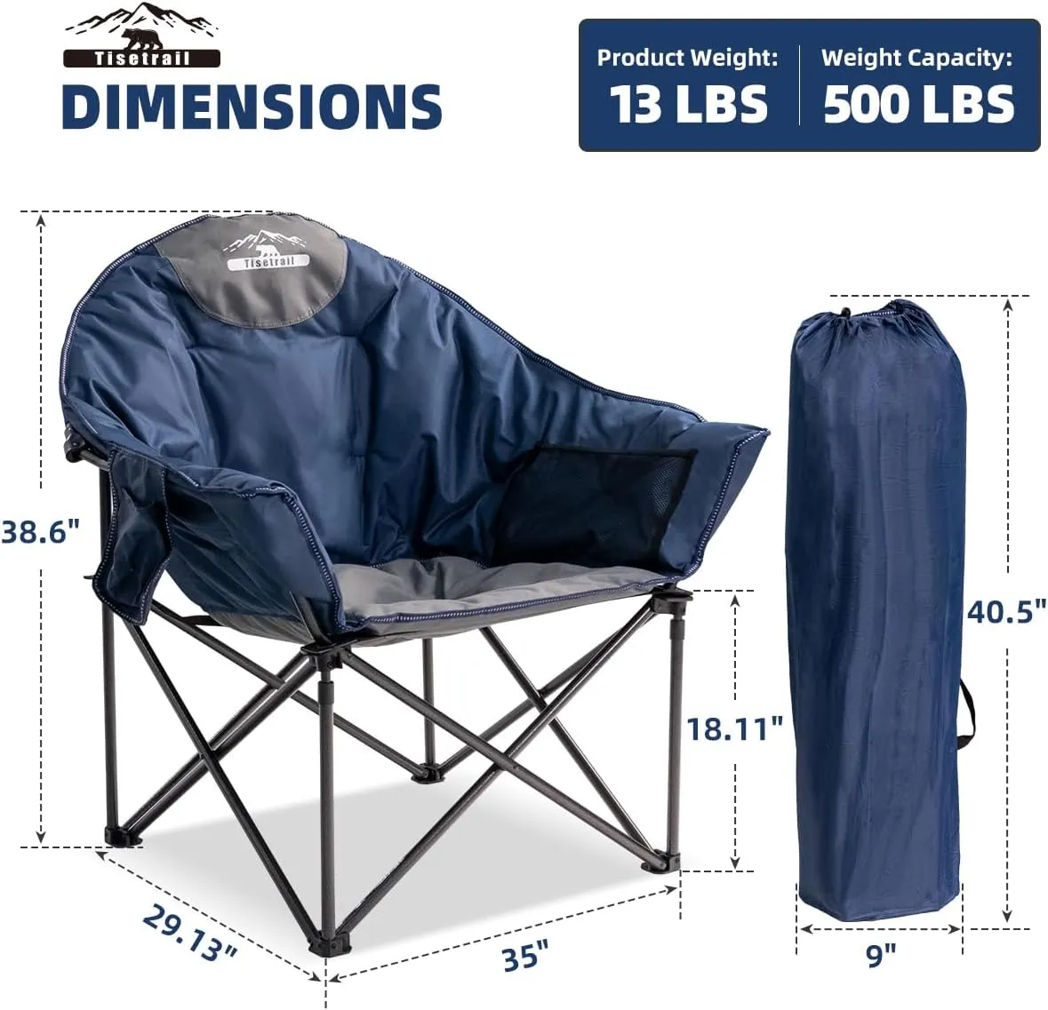 Oversized Camping Chair Padded Moon Round Saucer Chair with Cup Holder and Carry Bag Folding Comfy Sofa Chair for Lawn Patio Sports, Supports 500lbs, Blue & Gray