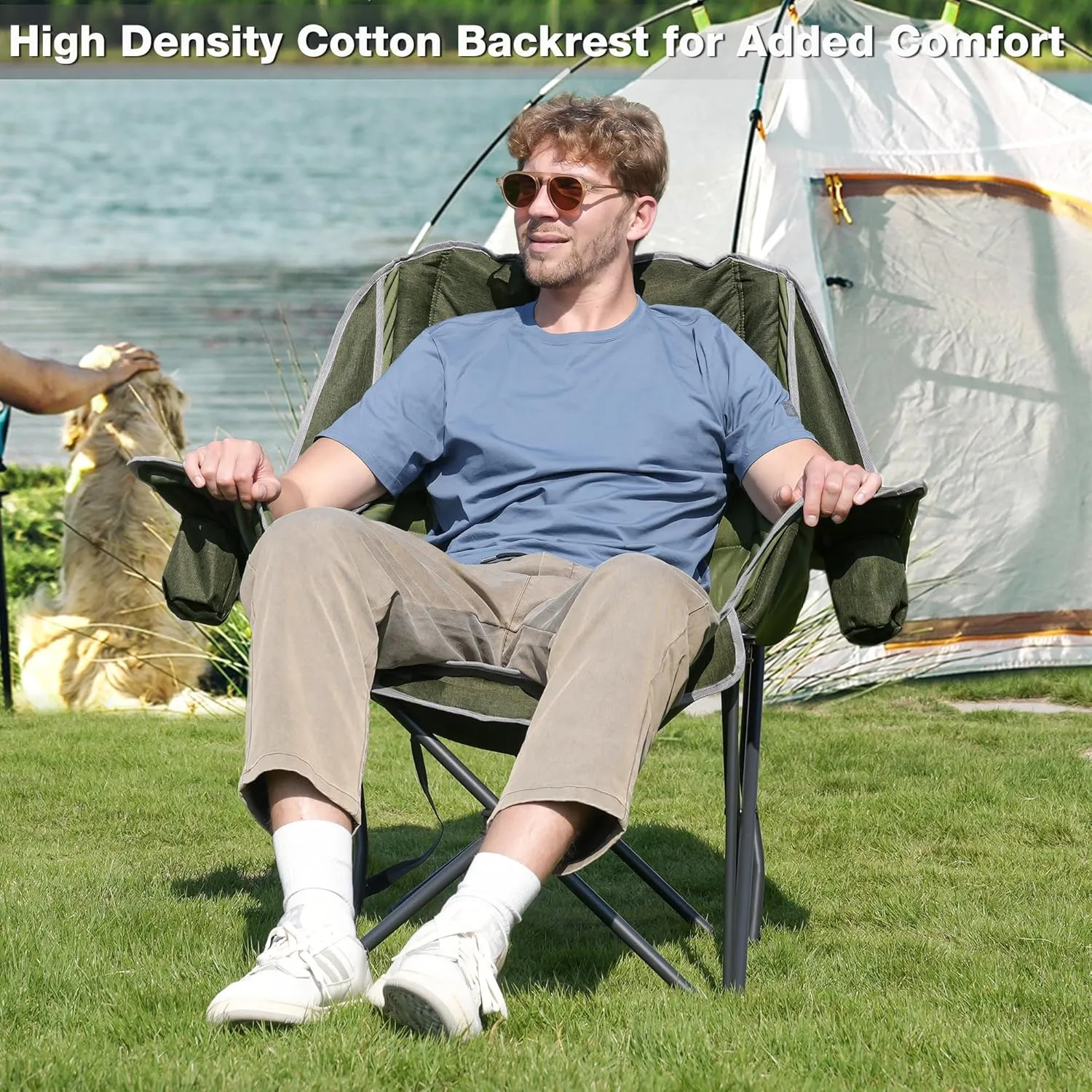 Oversized Camping Chair, Portable Folding Padded Camp Chairs with Side Pocket, Cup Holder, Heavy Duty Support 500LBS Outdoor Lounge Chair for Adults, Fishing, Sports, Trip, Green
