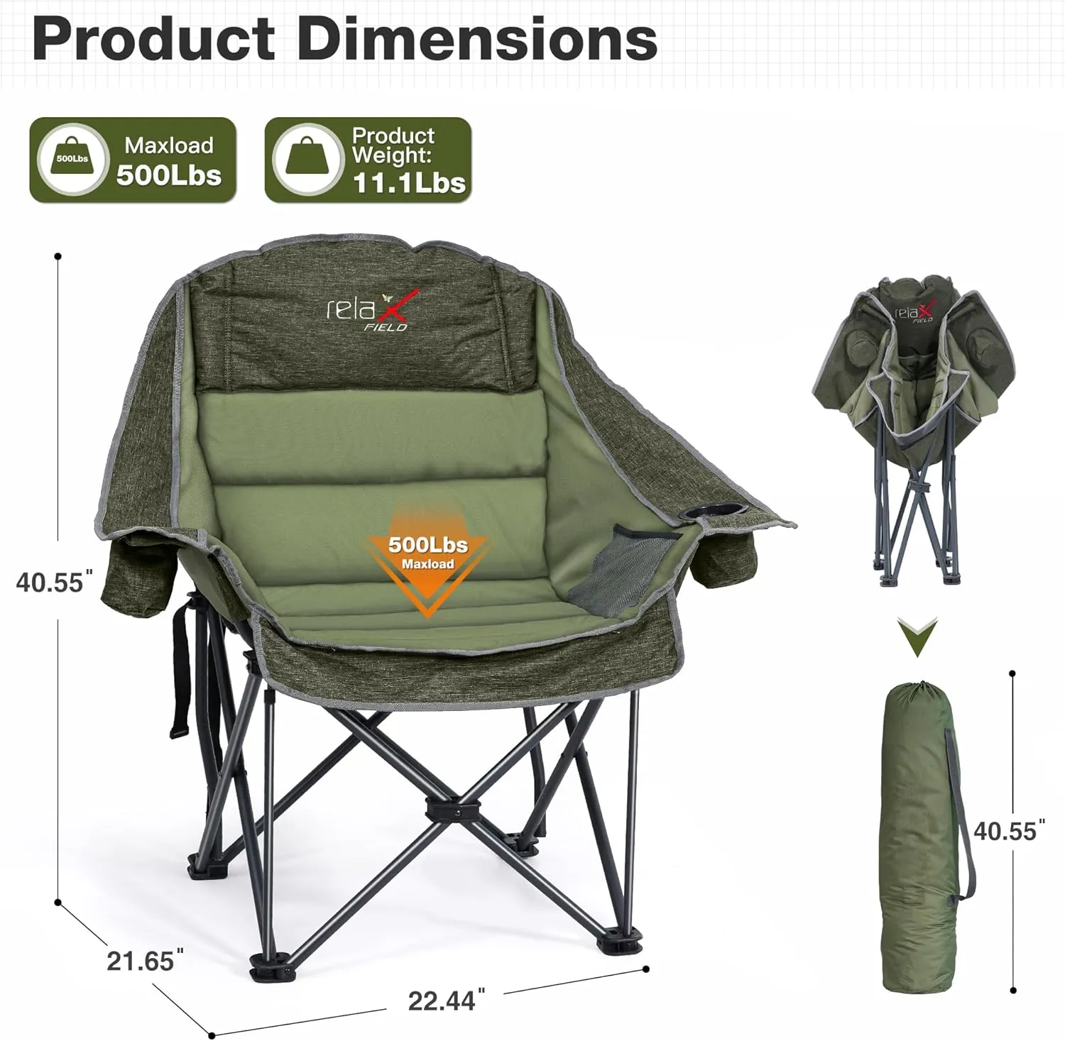 Oversized Camping Chair, Portable Folding Padded Camp Chairs with Side Pocket, Cup Holder, Heavy Duty Support 500LBS Outdoor Lounge Chair for Adults, Fishing, Sports, Trip, Green