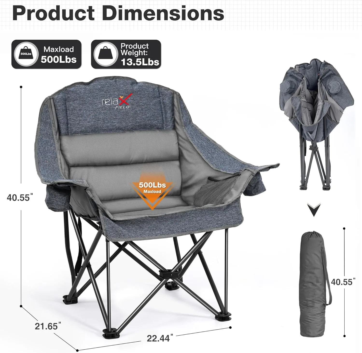 Oversized Camping Chair, Portable Folding Padded Camp Chairs with Side Pocket, Cup Holder, Heavy Duty Support 500LBS Outdoor Lounge Chair for Adults, Fishing, Sports, Trip, Grey