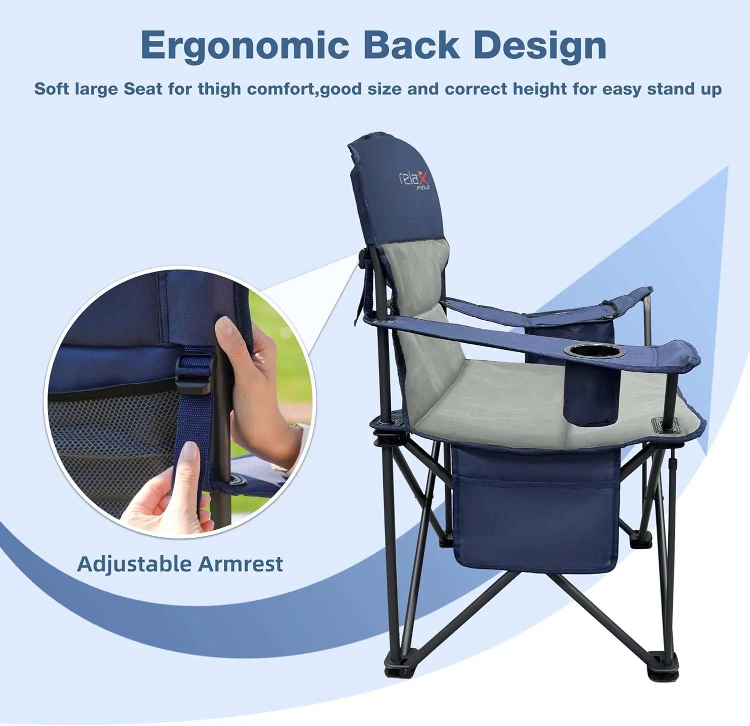 Oversized Folding Camping Chair, Heavy Duty Support 500LBS Outdoor Chair with Cup Holder Storage and Cooler Pouch, Collapsible Padded Arm Chair for Sports Garden Beach Fishing, Blue