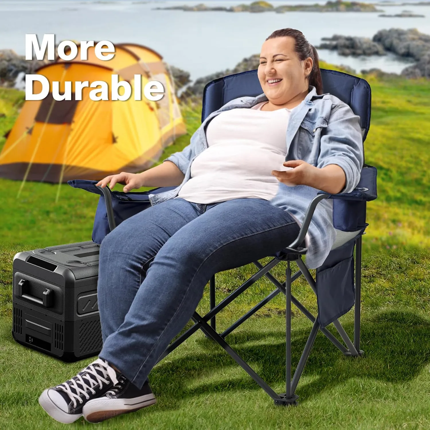 Oversized Folding Camping Chair, Heavy Duty Support 500LBS Outdoor Chair with Cup Holder Storage and Cooler Pouch, Collapsible Padded Arm Chair for Sports Garden Beach Fishing, Blue
