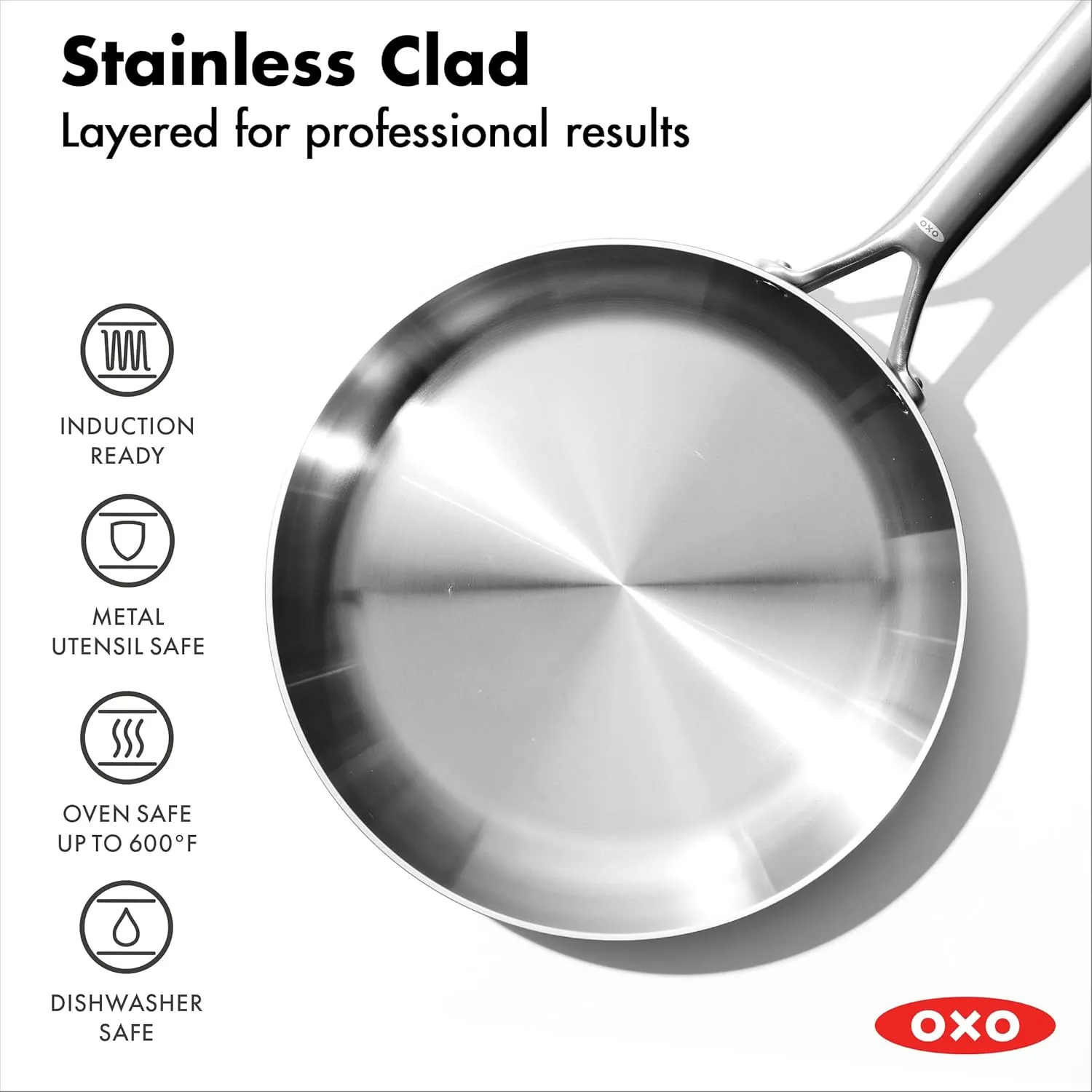 OXO Mira Tri-Ply Stainless Steel, 10" Frying Pan Skillet, Induction, Multi Clad, Dishwasher and Metal Utensil Safe