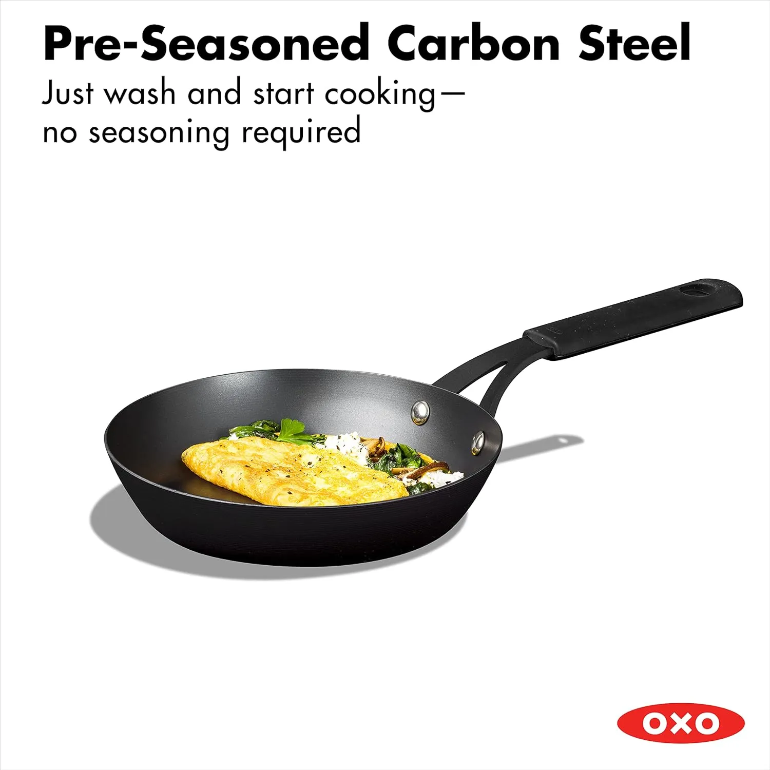 OXO Obsidian Pre-Seasoned Carbon Steel, 8" Frying Pan Skillet with Removable Silicone Handle Holder, Induction, Oven Safe, 1.8 Liters, Black