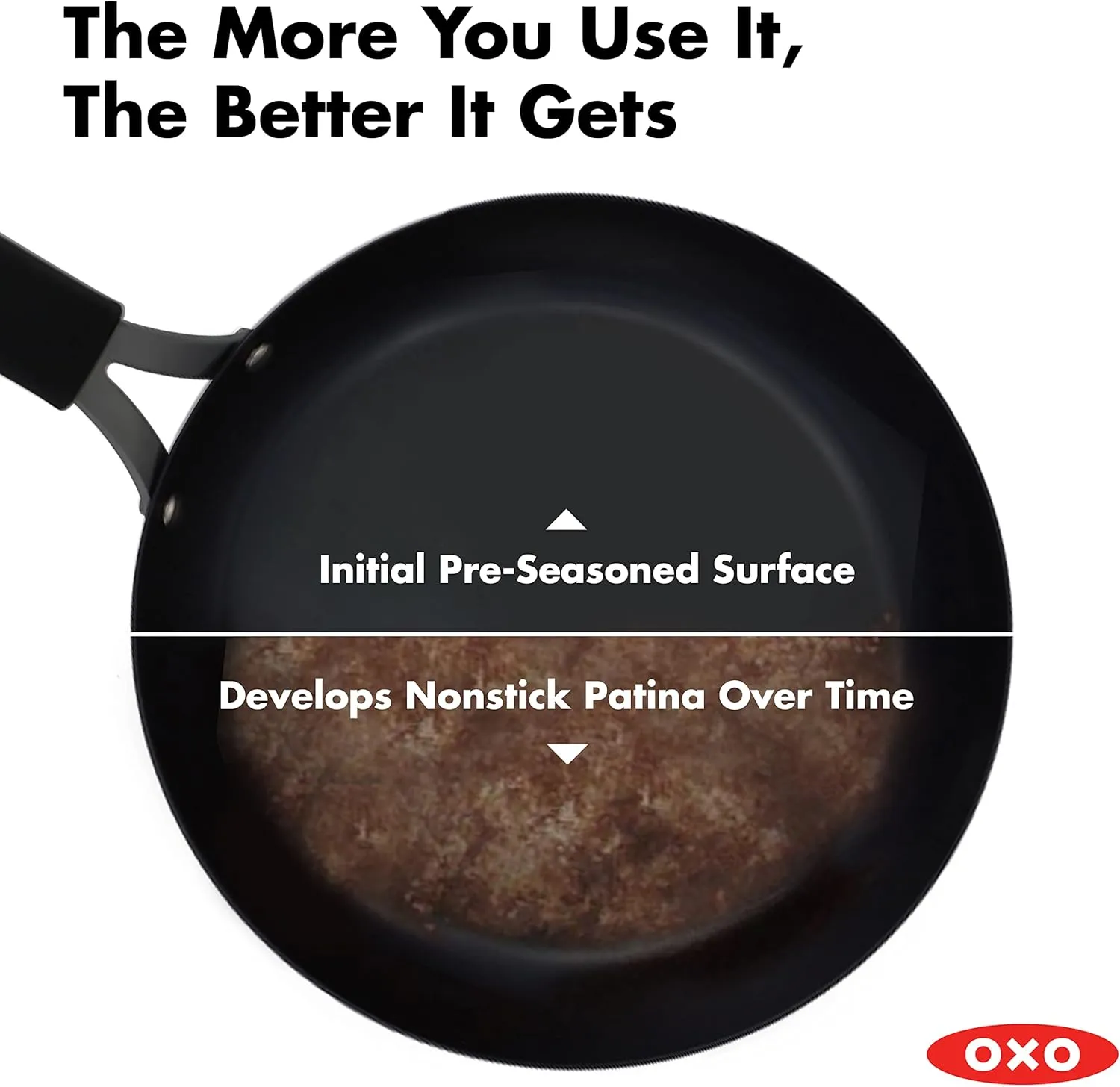 OXO Obsidian Pre-Seasoned Carbon Steel, 8" Frying Pan Skillet with Removable Silicone Handle Holder, Induction, Oven Safe, 1.8 Liters, Black