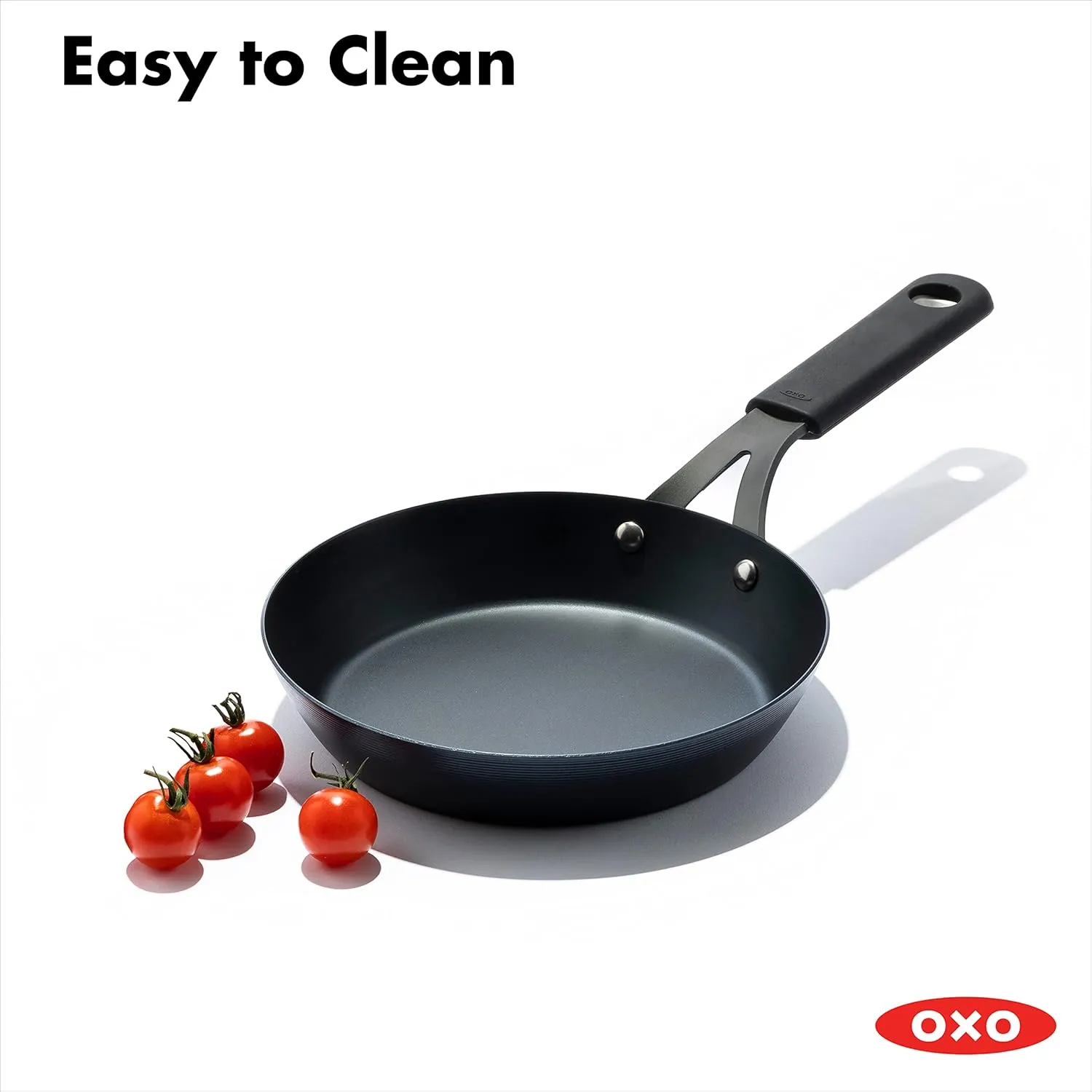 OXO Obsidian Pre-Seasoned Carbon Steel, 8" Frying Pan Skillet with Removable Silicone Handle Holder, Induction, Oven Safe, 1.8 Liters, Black