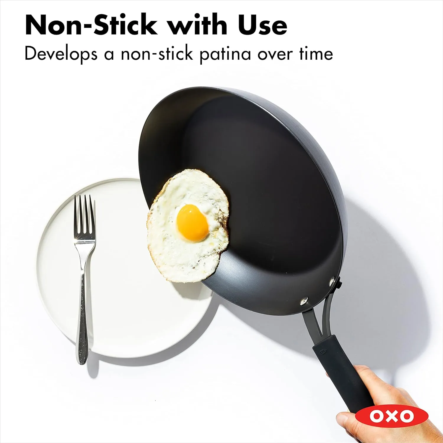 OXO Obsidian Pre-Seasoned Carbon Steel, 8" Frying Pan Skillet with Removable Silicone Handle Holder, Induction, Oven Safe, 1.8 Liters, Black