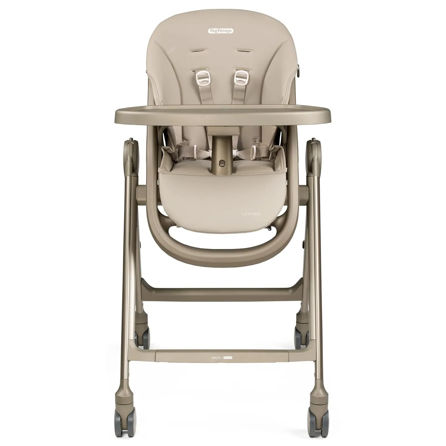 Peg Perego Living, Grow with Baby Folding High Chair & Recliner, Height Adjustable, Quick Clean & Easy Push Wheels for Babies & Toddlers, Made in Italy, Space Sand