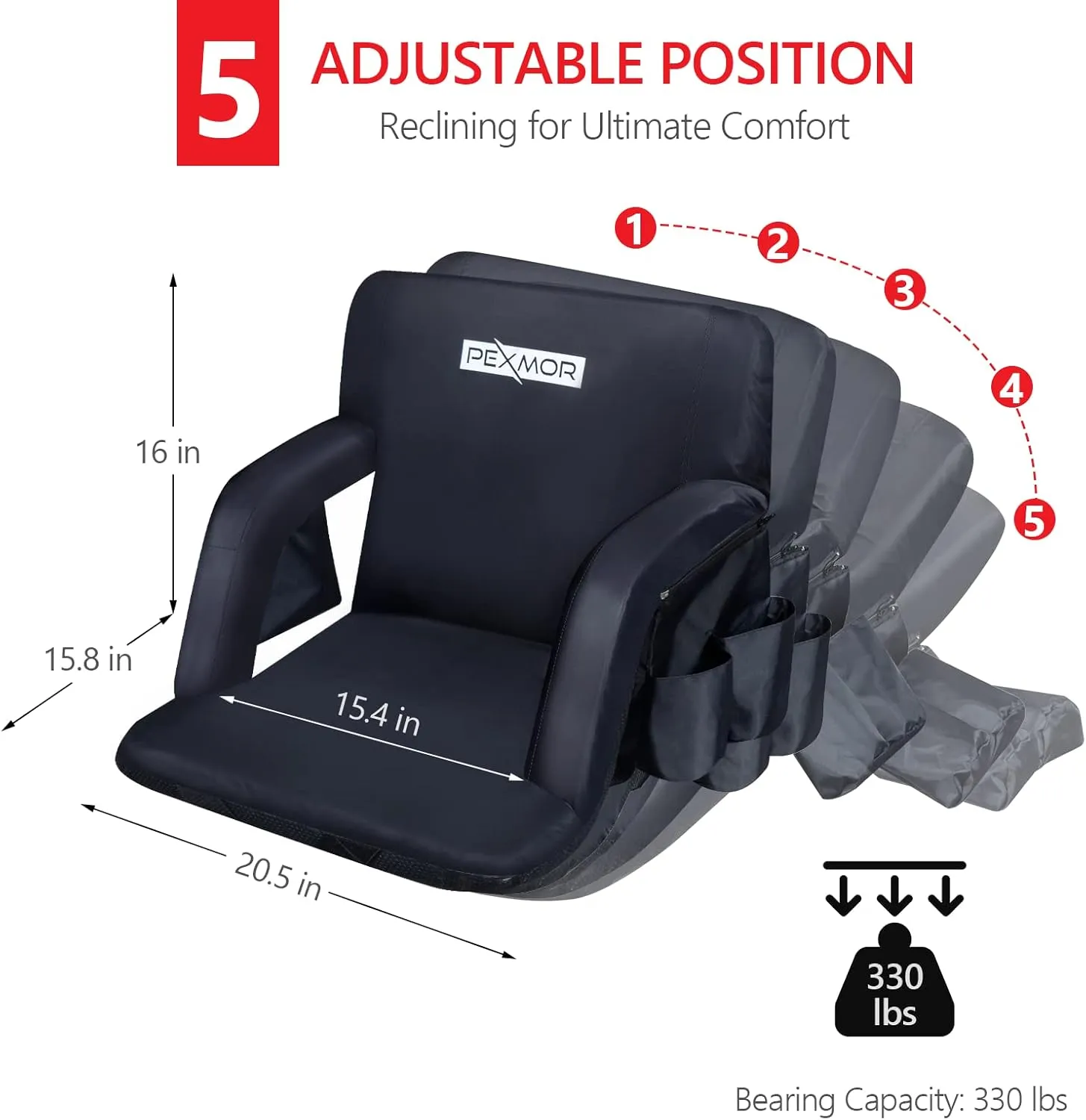 PEXMOR Heated Stadium Seats w/Back Support 3 Level Heating, 5 Reclining Positions Portable Bleacher Chair w/Cushion & Armrest, w/2 Pockets, Carrying Bag, No Battery
