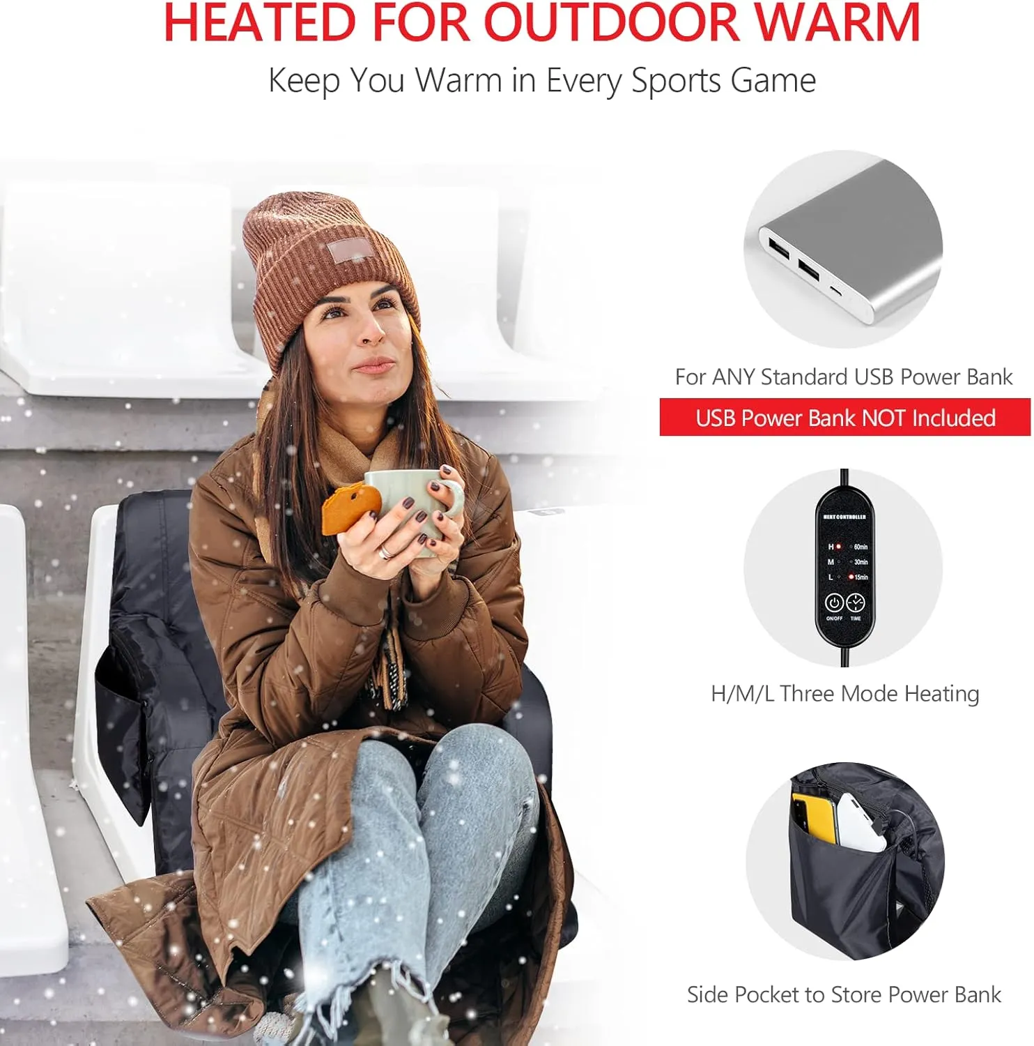 PEXMOR Heated Stadium Seats w/Back Support 3 Level Heating, 5 Reclining Positions Portable Bleacher Chair w/Cushion & Armrest, w/2 Pockets, Carrying Bag, No Battery