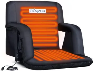 PEXMOR Heated Stadium Seats w/Back Support 3 Level Heating, 5 Reclining Positions Portable Bleacher Chair w/Cushion & Armrest, w/2 Pockets, Carrying Bag, No Battery