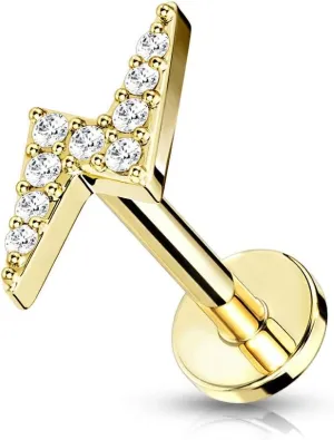 Pierced Owl - 16G Stainless Steel Internally Threaded CZ Crystal Paved Lightning Bolt Top Flat Back Lip Cartilage Stud