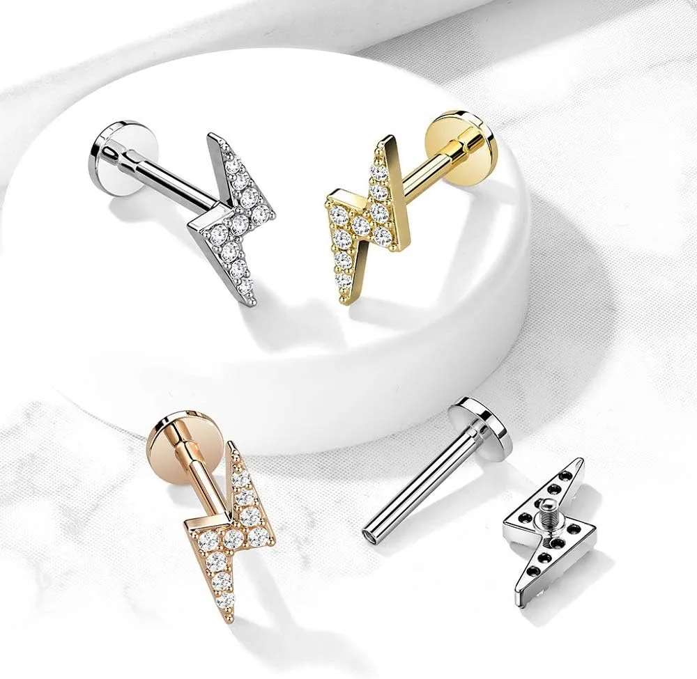 Pierced Owl - 16G Stainless Steel Internally Threaded CZ Crystal Paved Lightning Bolt Top Flat Back Lip Cartilage Stud