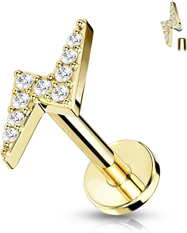 Pierced Owl - 16G Stainless Steel Internally Threaded CZ Crystal Paved Lightning Bolt Top Flat Back Lip Cartilage Stud