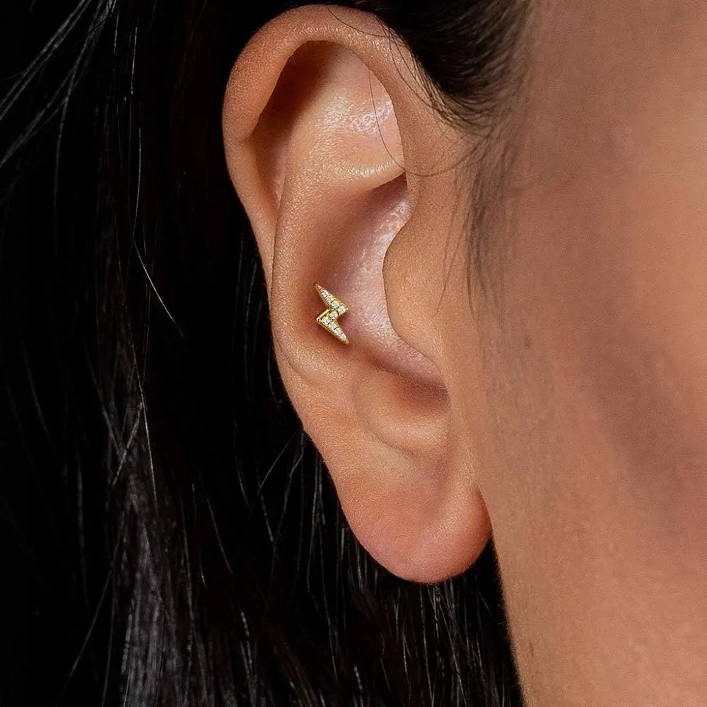 Pierced Owl - 16G Stainless Steel Internally Threaded CZ Crystal Paved Lightning Bolt Top Flat Back Lip Cartilage Stud