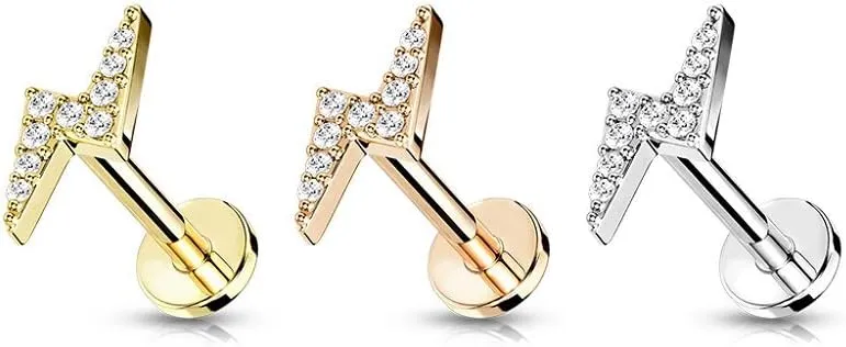 Pierced Owl - 16G Stainless Steel Internally Threaded CZ Crystal Paved Lightning Bolt Top Flat Back Lip Cartilage Stud