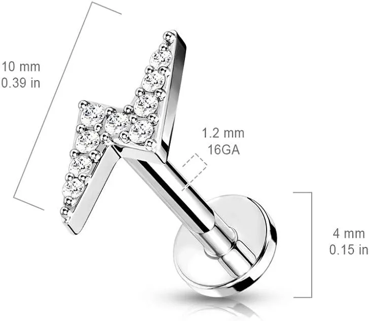 Pierced Owl - 16G Stainless Steel Internally Threaded CZ Crystal Paved Lightning Bolt Top Flat Back Lip Cartilage Stud