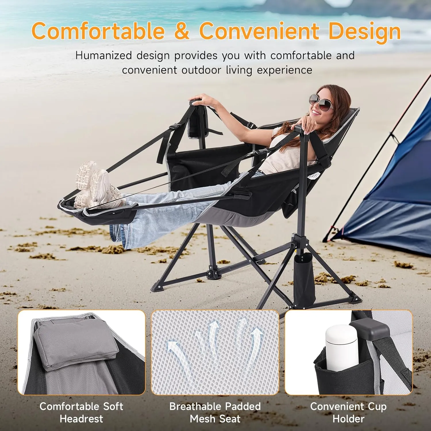 Portable Camping Chair, Outdoor Folding Camping Chairs Adjustable Back Swing Chairs Outdoor Hammock Chair with Removable Footrest, Headrest, Cup Holder & Storage Bag for Fishing Picnic Hiking
