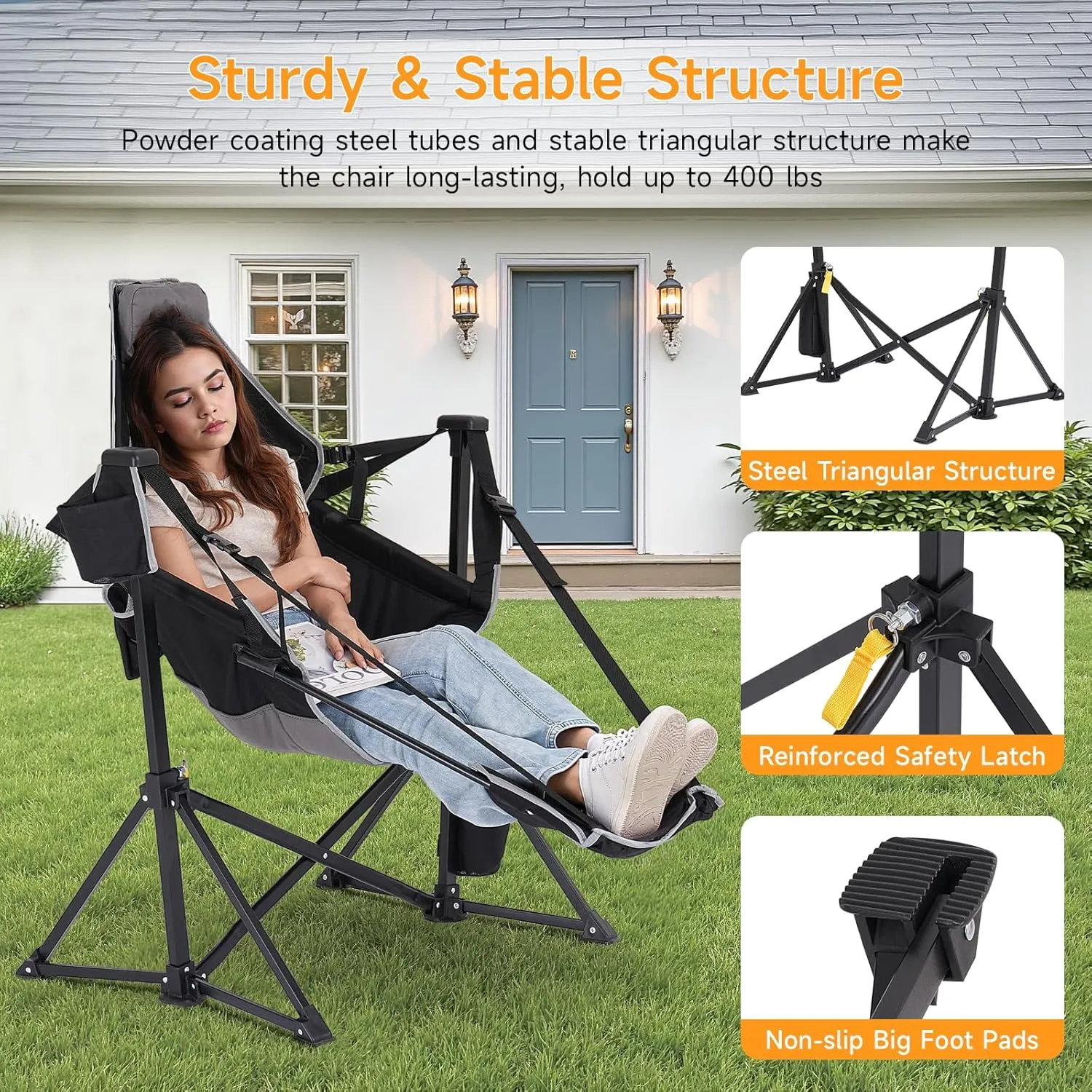 Portable Camping Chair, Outdoor Folding Camping Chairs Adjustable Back Swing Chairs Outdoor Hammock Chair with Removable Footrest, Headrest, Cup Holder & Storage Bag for Fishing Picnic Hiking