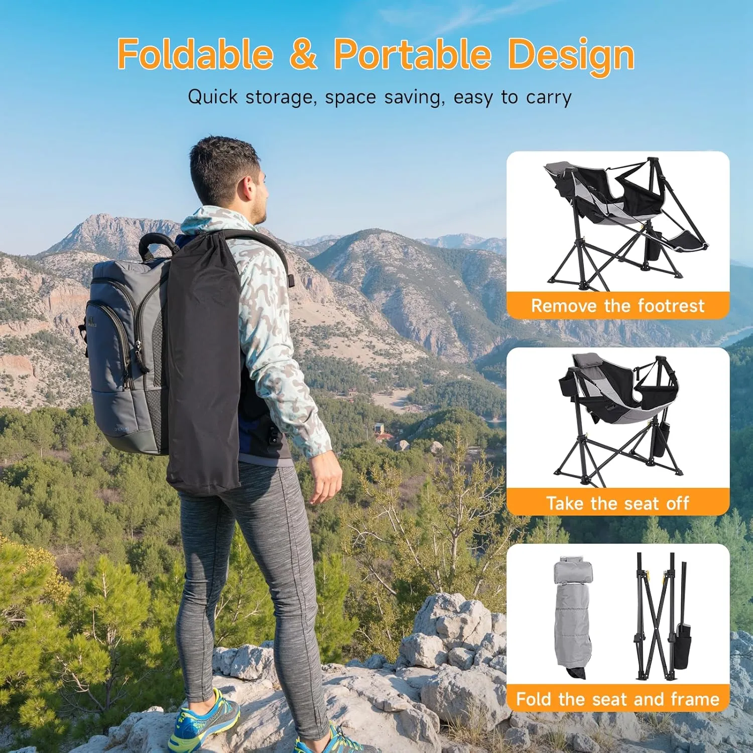 Portable Camping Chair, Outdoor Folding Camping Chairs Adjustable Back Swing Chairs Outdoor Hammock Chair with Removable Footrest, Headrest, Cup Holder & Storage Bag for Fishing Picnic Hiking