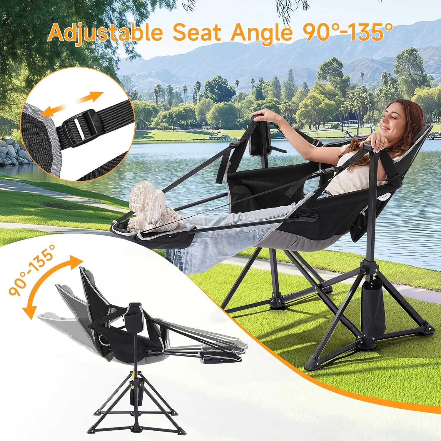 Portable Camping Chair, Outdoor Folding Camping Chairs Adjustable Back Swing Chairs Outdoor Hammock Chair with Removable Footrest, Headrest, Cup Holder & Storage Bag for Fishing Picnic Hiking