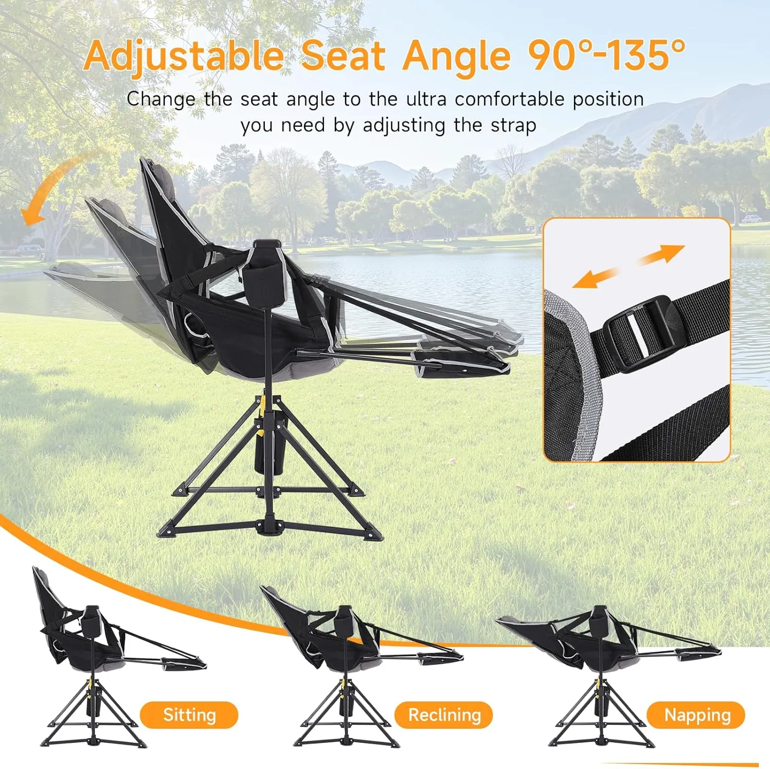 Portable Camping Chair, Outdoor Folding Camping Chairs Adjustable Back Swing Chairs Outdoor Hammock Chair with Removable Footrest, Headrest, Cup Holder & Storage Bag for Fishing Picnic Hiking