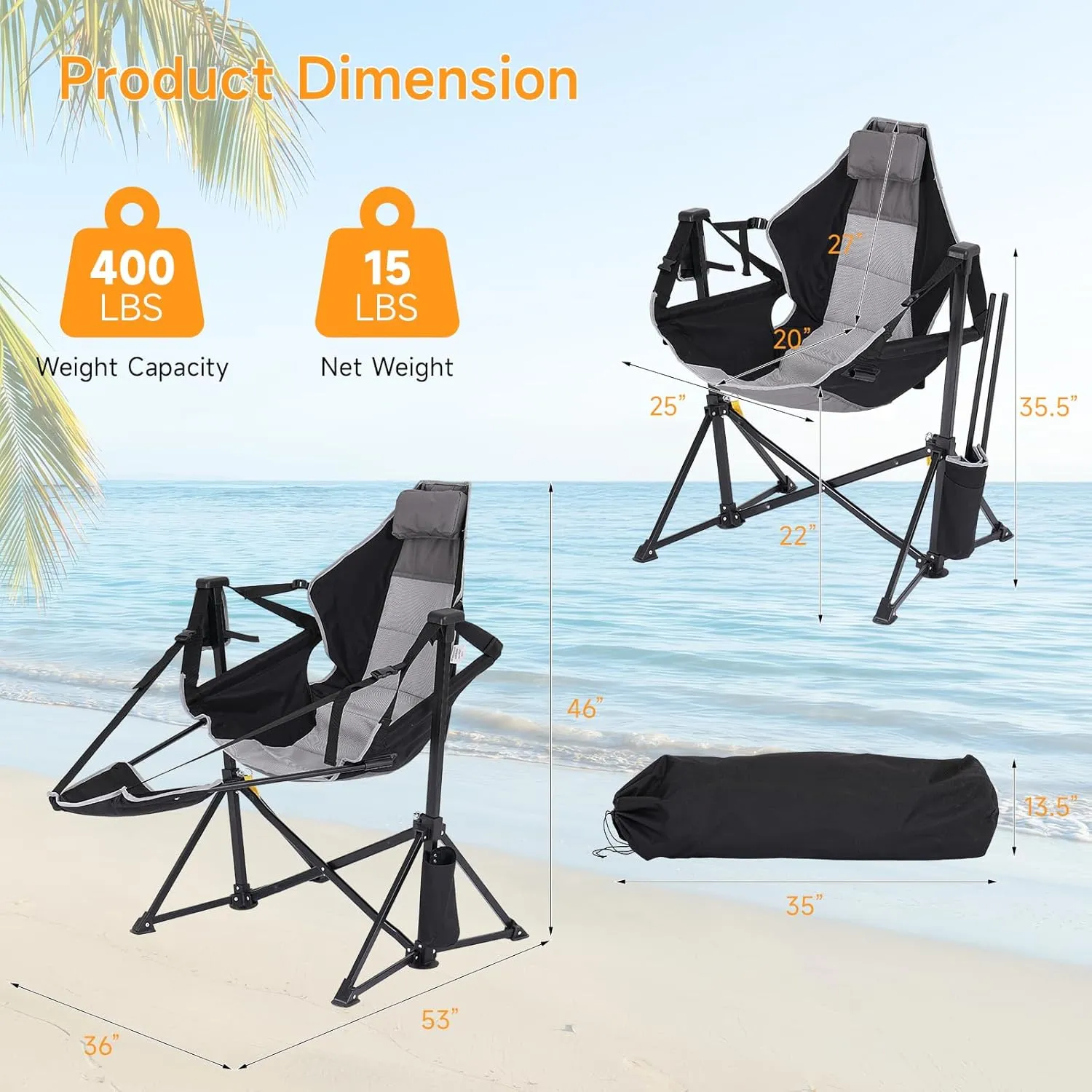 Portable Camping Chair, Outdoor Folding Camping Chairs Adjustable Back Swing Chairs Outdoor Hammock Chair with Removable Footrest, Headrest, Cup Holder & Storage Bag for Fishing Picnic Hiking