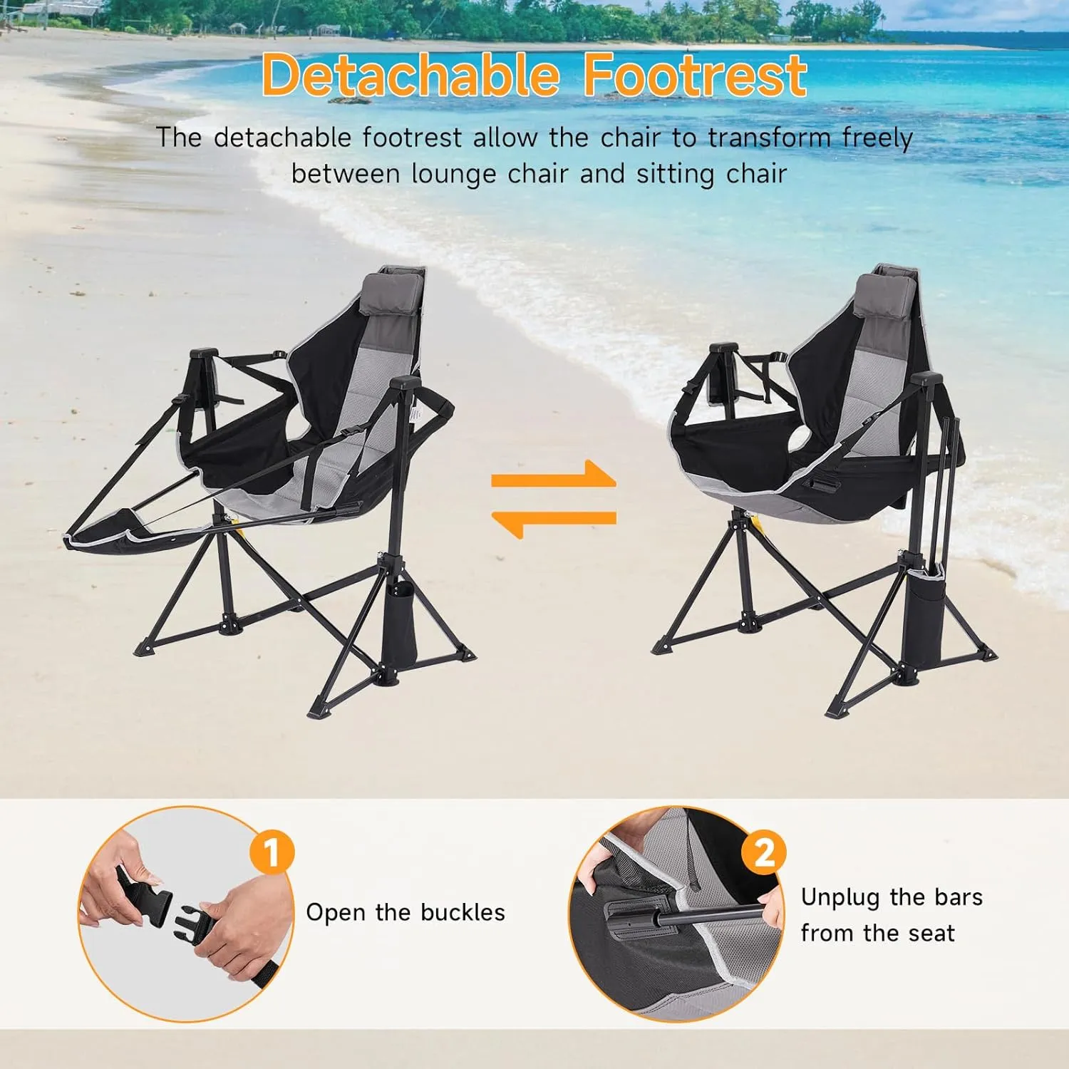 Portable Camping Chair, Outdoor Folding Camping Chairs Adjustable Back Swing Chairs Outdoor Hammock Chair with Removable Footrest, Headrest, Cup Holder & Storage Bag for Fishing Picnic Hiking