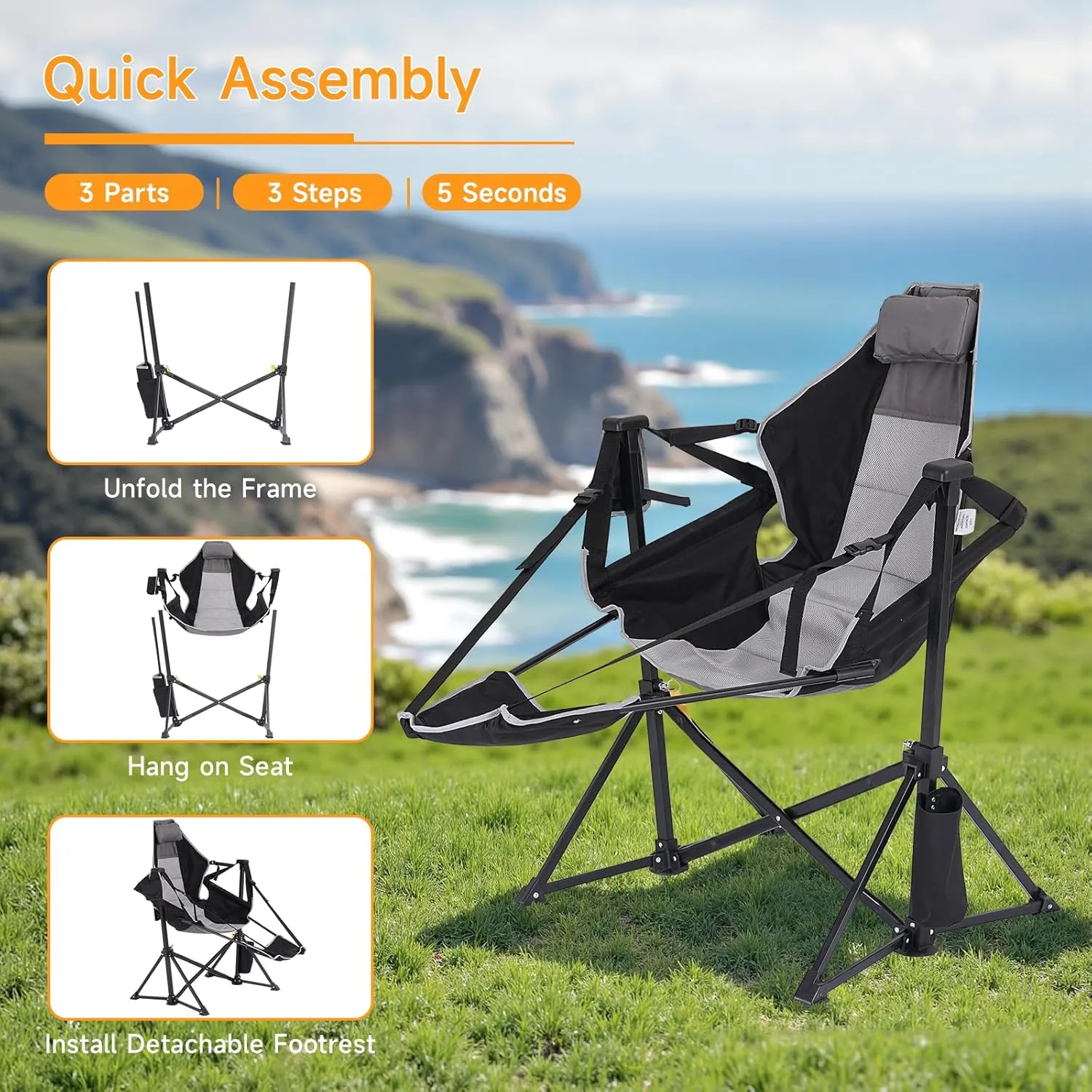 Portable Camping Chair, Outdoor Folding Camping Chairs Adjustable Back Swing Chairs Outdoor Hammock Chair with Removable Footrest, Headrest, Cup Holder & Storage Bag for Fishing Picnic Hiking