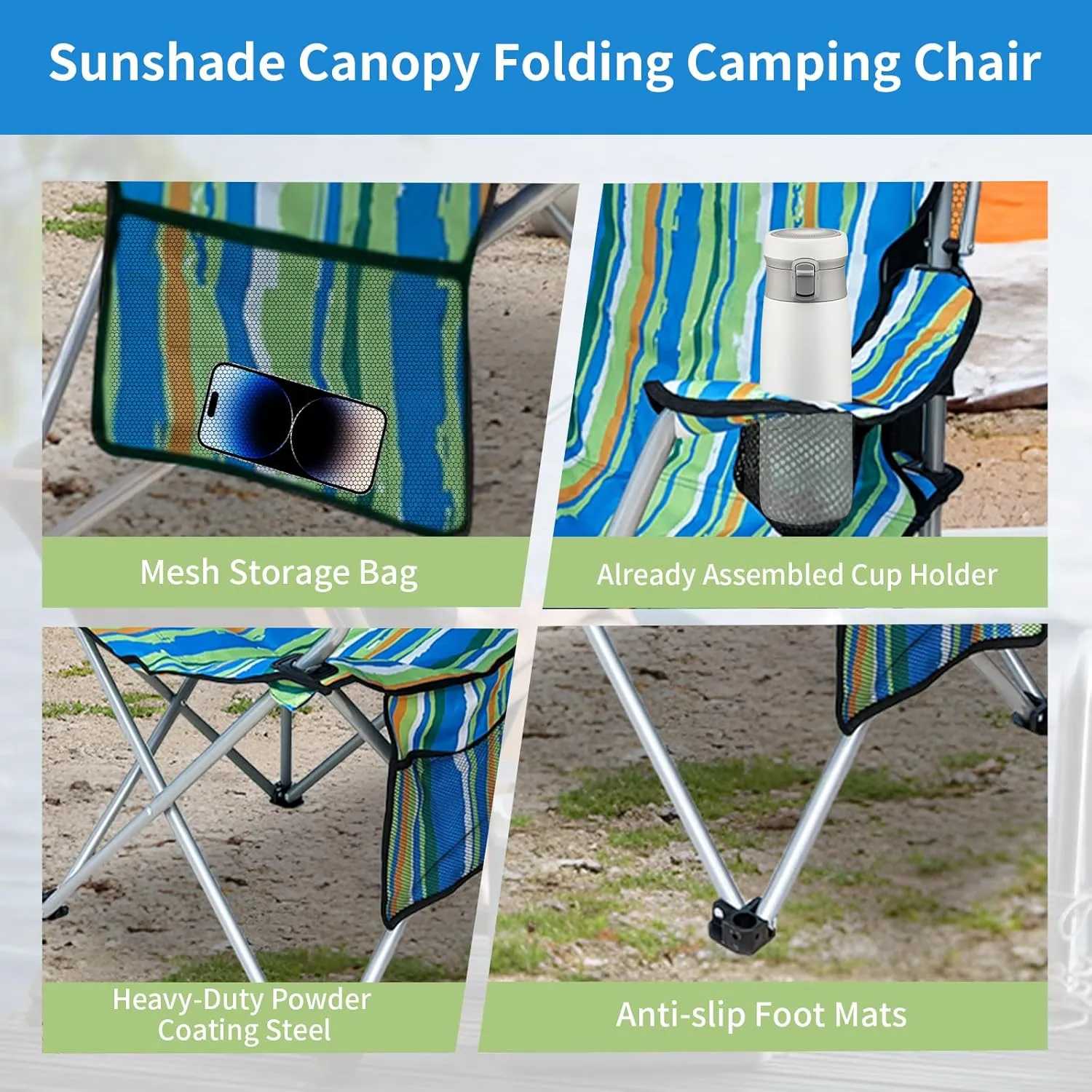 Portable Camping Chair with Adjustable Canopy Shade- Folding Camping Lounge Chair with Cup Holder & Side Pocket for Outdoor Camping, Fishing, Beach - Support 330 LBS (Streak)