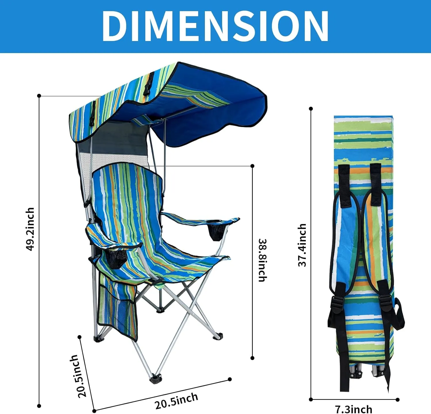 Portable Camping Chair with Adjustable Canopy Shade- Folding Camping Lounge Chair with Cup Holder & Side Pocket for Outdoor Camping, Fishing, Beach - Support 330 LBS (Streak)