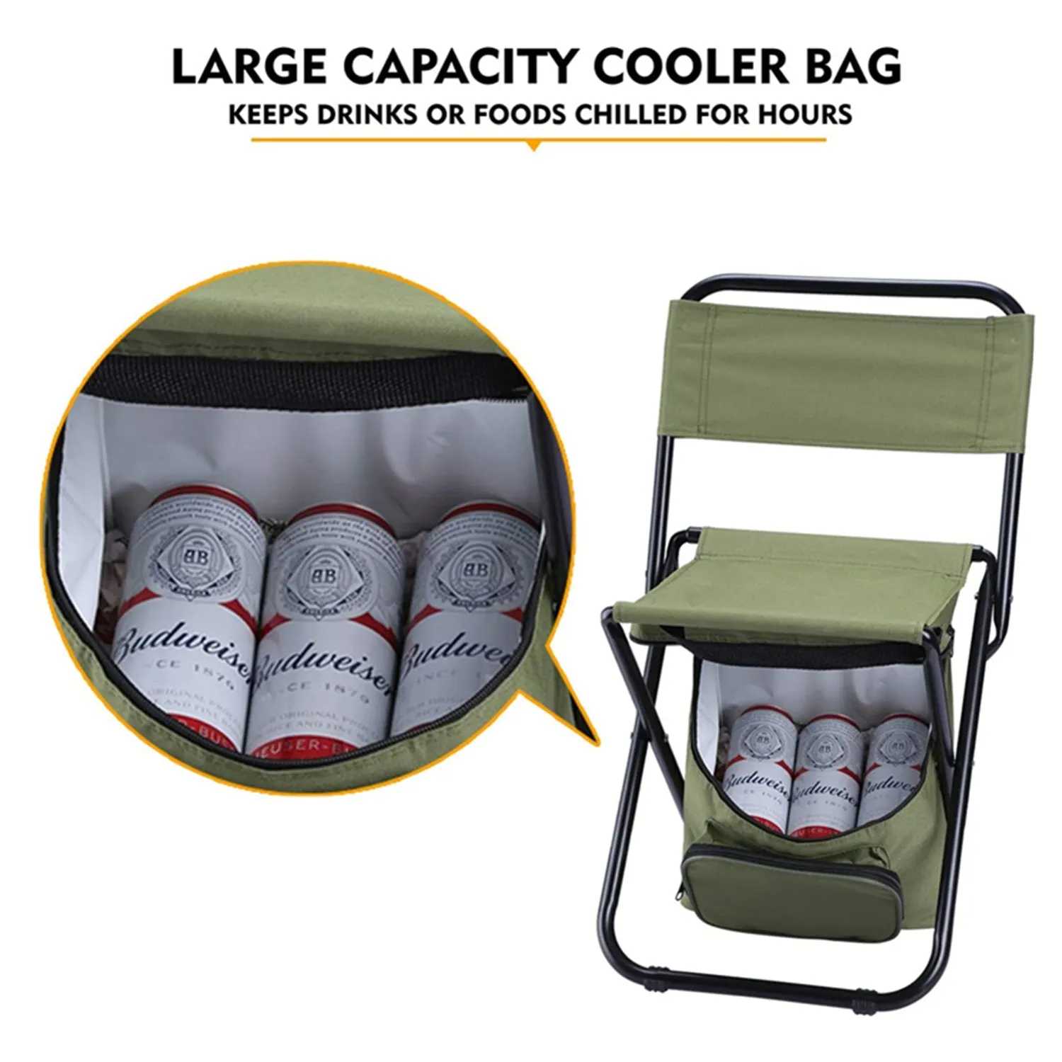 Portable Folding Chair Outdoor Stool with Cooler Bag for Camping, Fishing, Painting, Beach, Travelling, BBQ